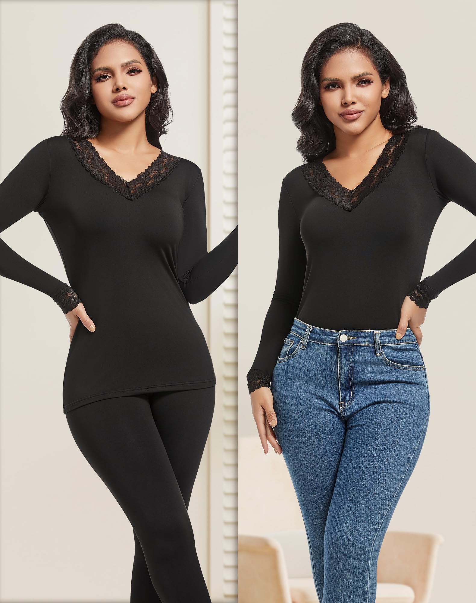 MANCYFIT Ropa interior térmica para mujer, camiseta interior de manga larga con cuello en V y forro polar para clima frío
