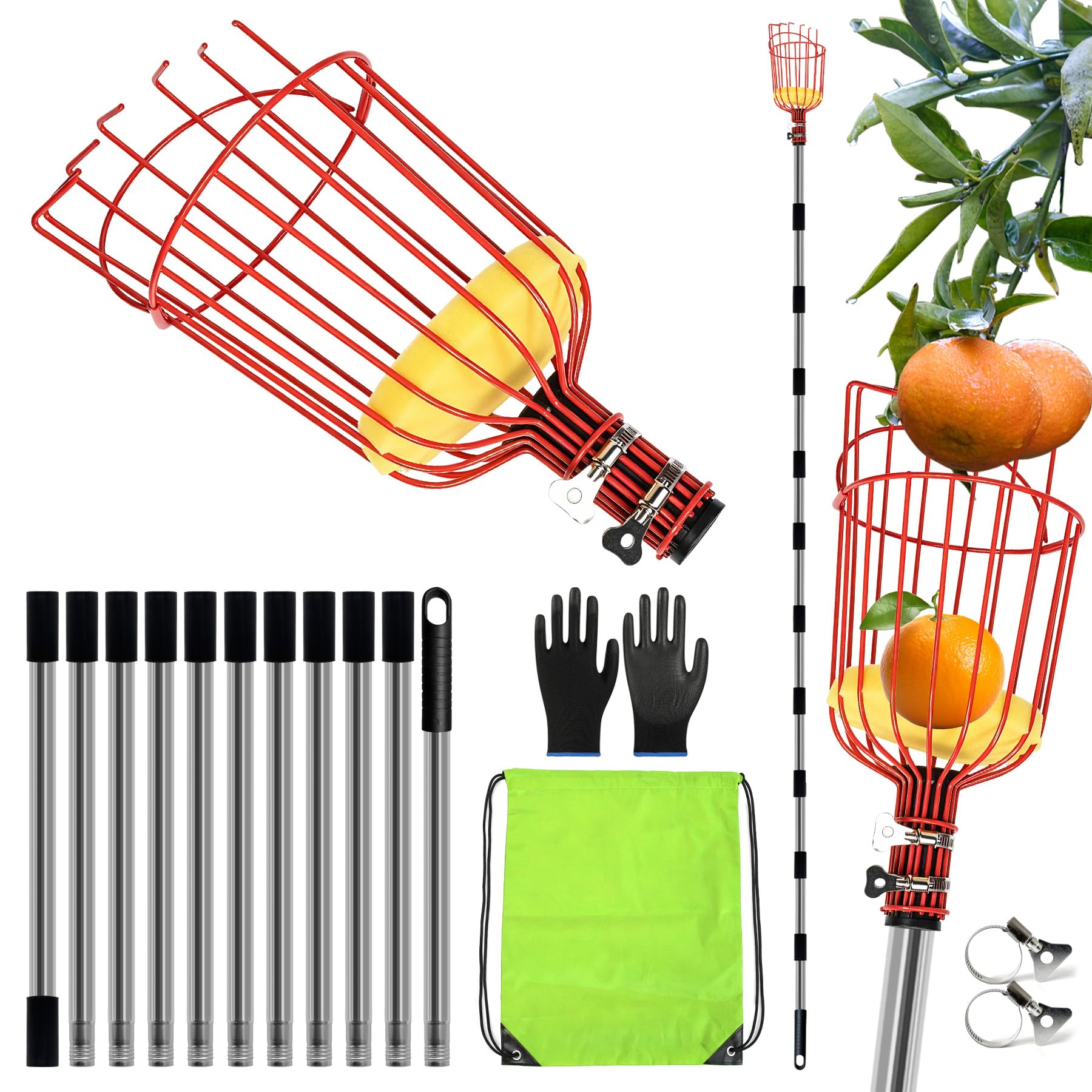 TZEKING Raccoglifrutta Telescopico 4,2m, Raccogli Frutta in Acciaio Inox, Regolabile per Mele, Pere, Arance, Limoni, Ciliegie, Diametro 16 cm