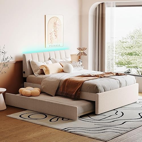 DNYN Cama de plataforma tapizada de tamaño matrimonial con nido para niños y adultos, marco de cama de madera maciza con luz LED y tela de forro