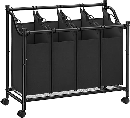 SONGMICS Clasificador de lavandería, cesta de lavandería con 4 bolsas extraíbles, cesta de lavandería, carrito de lavandería, dormitorio, baño, 4 x