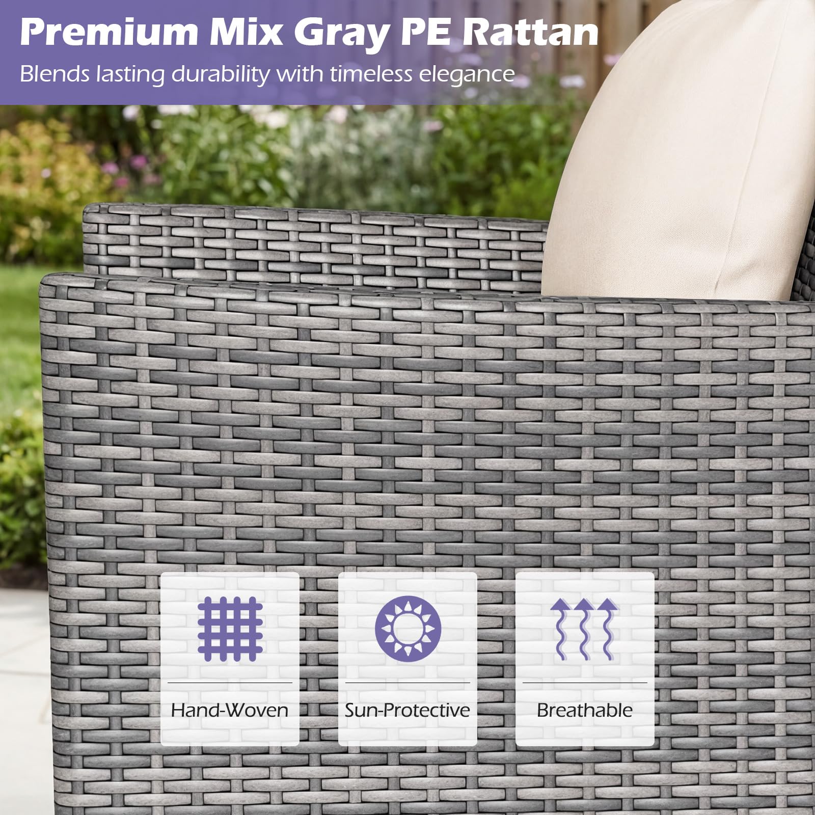 LIFEZEAL Juego de 2 Sillas de Jardín de Ratán PE y Mesa Auxiliar, Sofá con Cojines Desmontables y Mesa de Café de Cristal Templado, Set de Jardín para Tomar el Sol, Piscina y Patio (Beige)