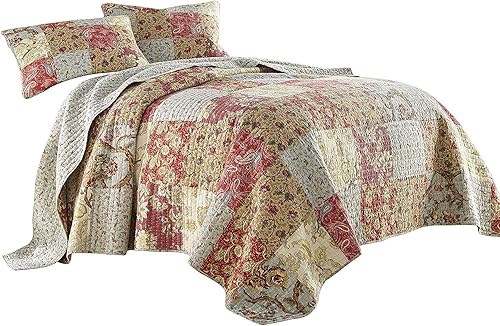 Miniatura 9 de Chezmoi Collection Leslie - Juego de edredón de 3 piezas, diseño floral de retazos prelavados, 100% algodón, tamaño Queen