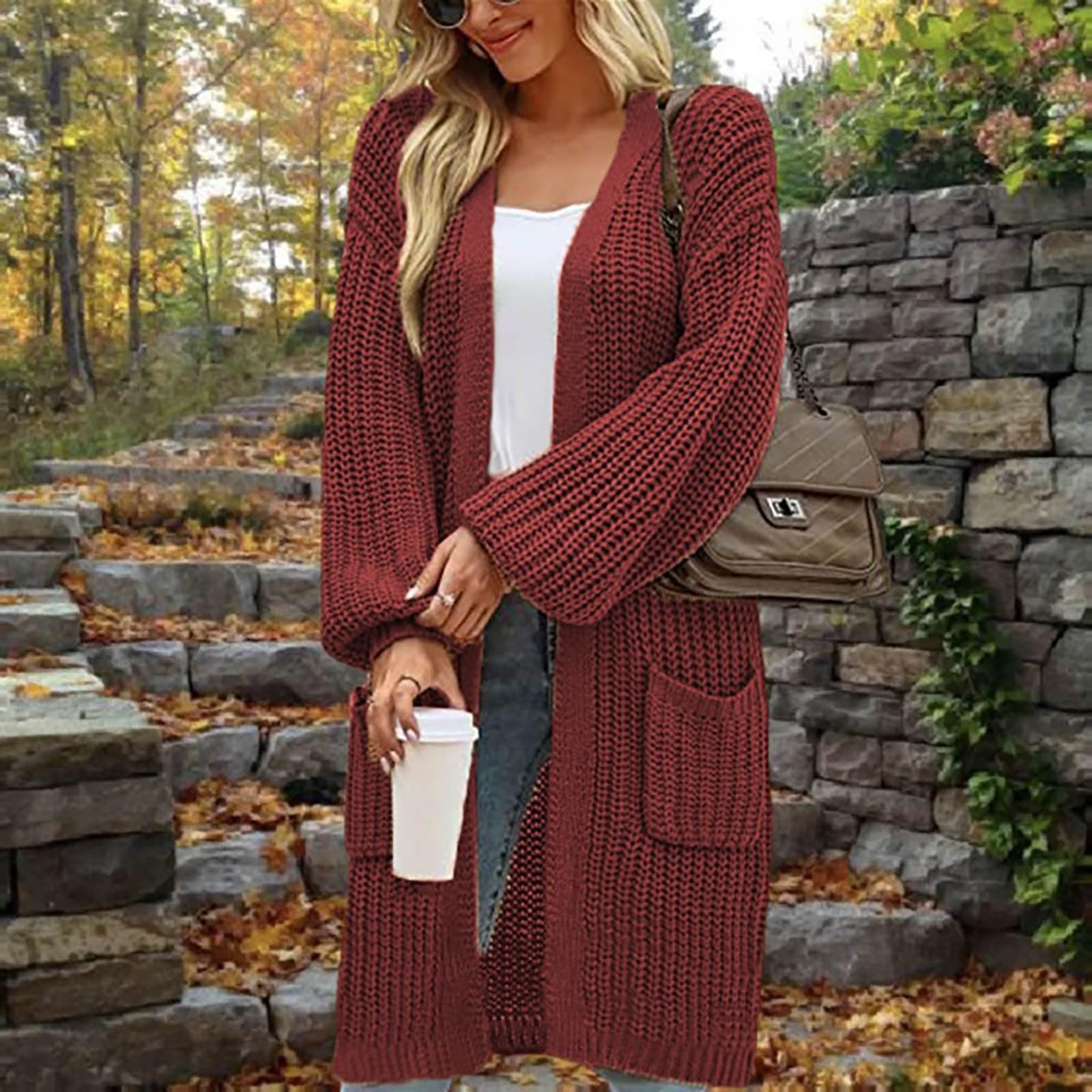 Generisch Strickjacke Damen Lang Grobstrickjacke Mit Taschen Wintermantel | Strickjacken Winter Leichte Winterjacke Damen Casual Cardigan Open Front Mantel Frauen Langarm Strickmantel Einfarbig