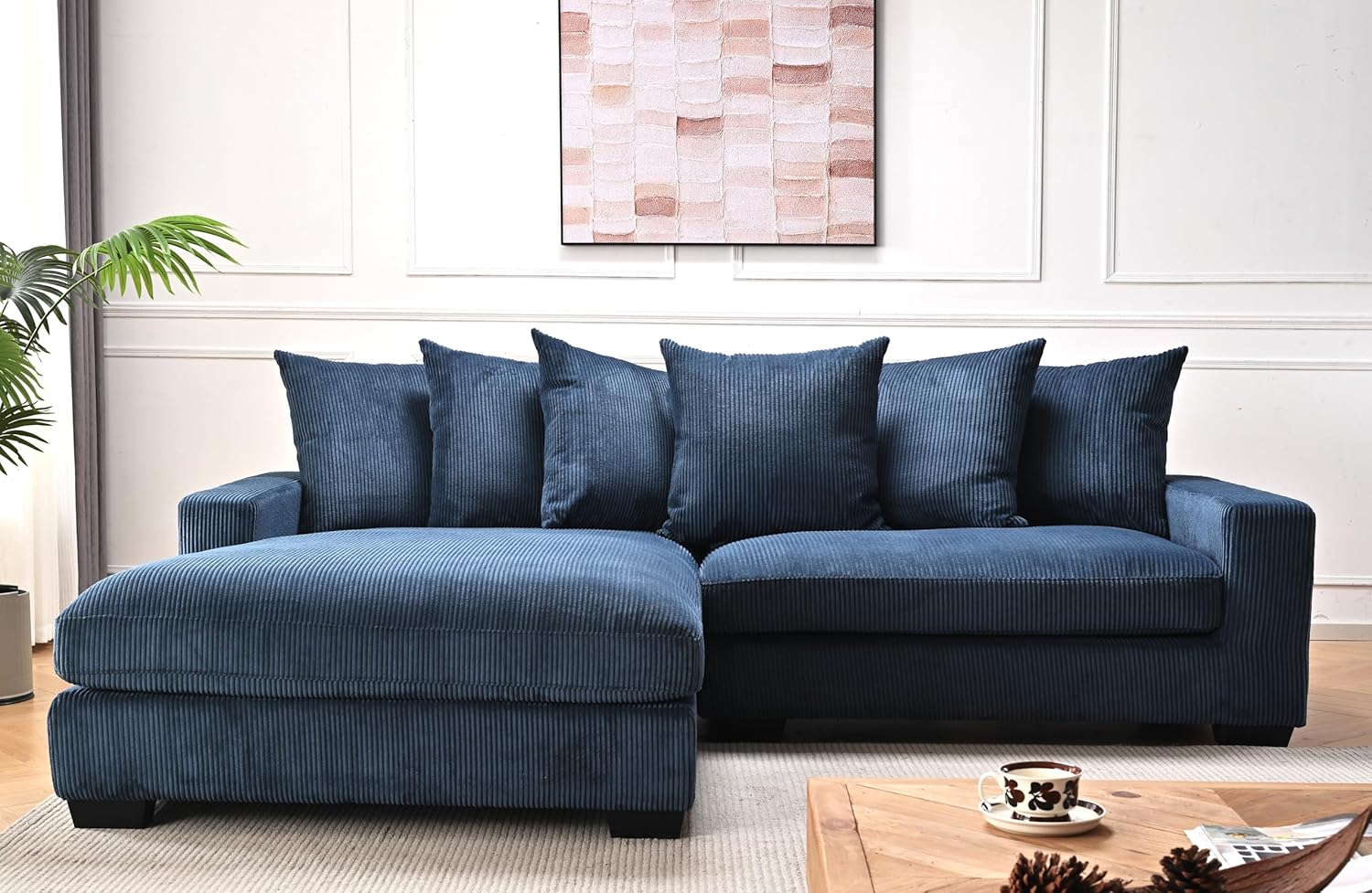 Container Furniture Direct Luxe Oversized Two-Piece Sectional Couches for Living Room, 102.4-Inch L Shaped Sofa with Chaise, Upholstered with Corduroy Fabric, Navy Blue - Left Facing