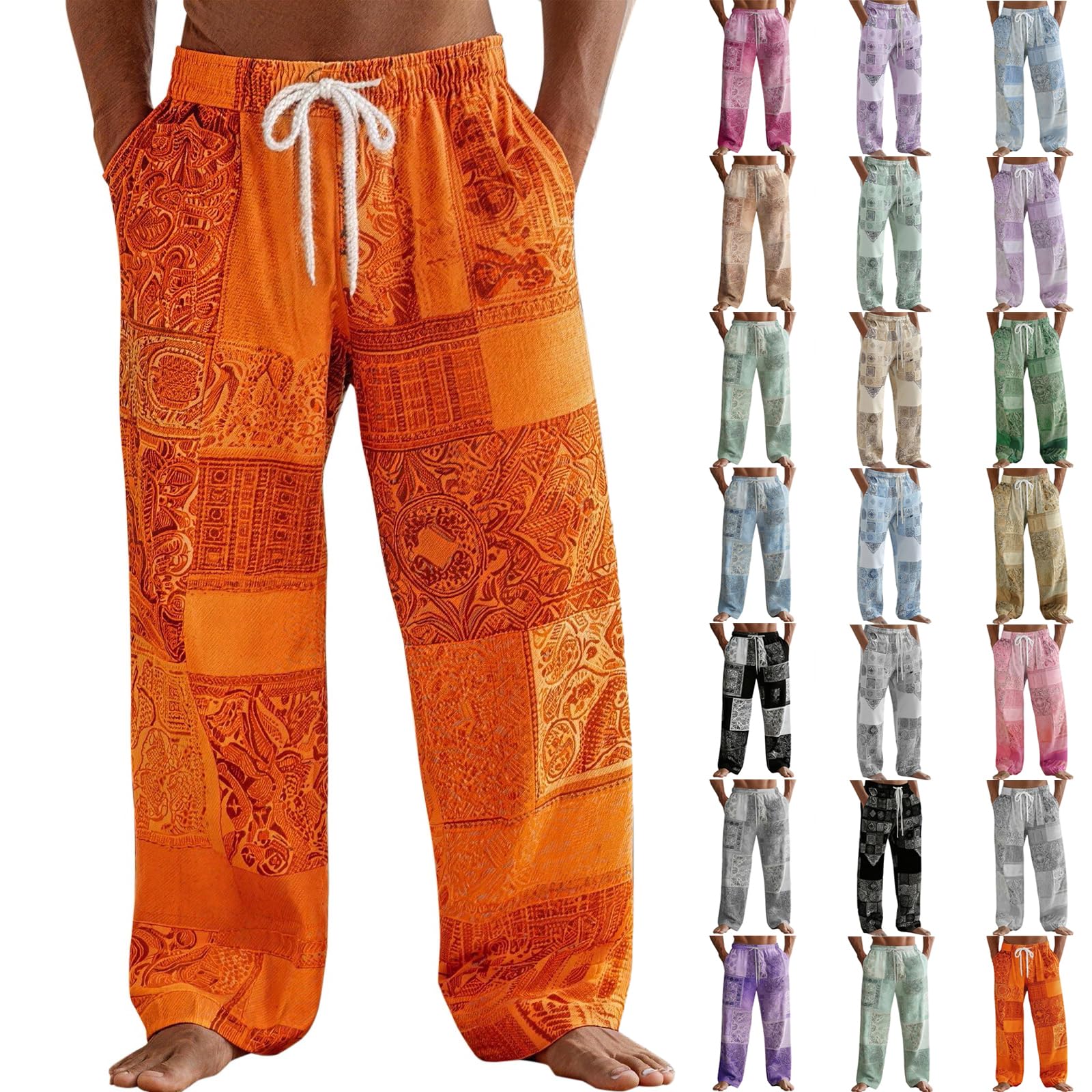 Baggy Hippy Trousers Mens Beach Linen Blend Vacation Resort Pants with Pockets Festival Indian Paisley Bandana Patchwork Vintage Bottoms Comfort Music Concert Party Club Loose Casual Trousers Orange