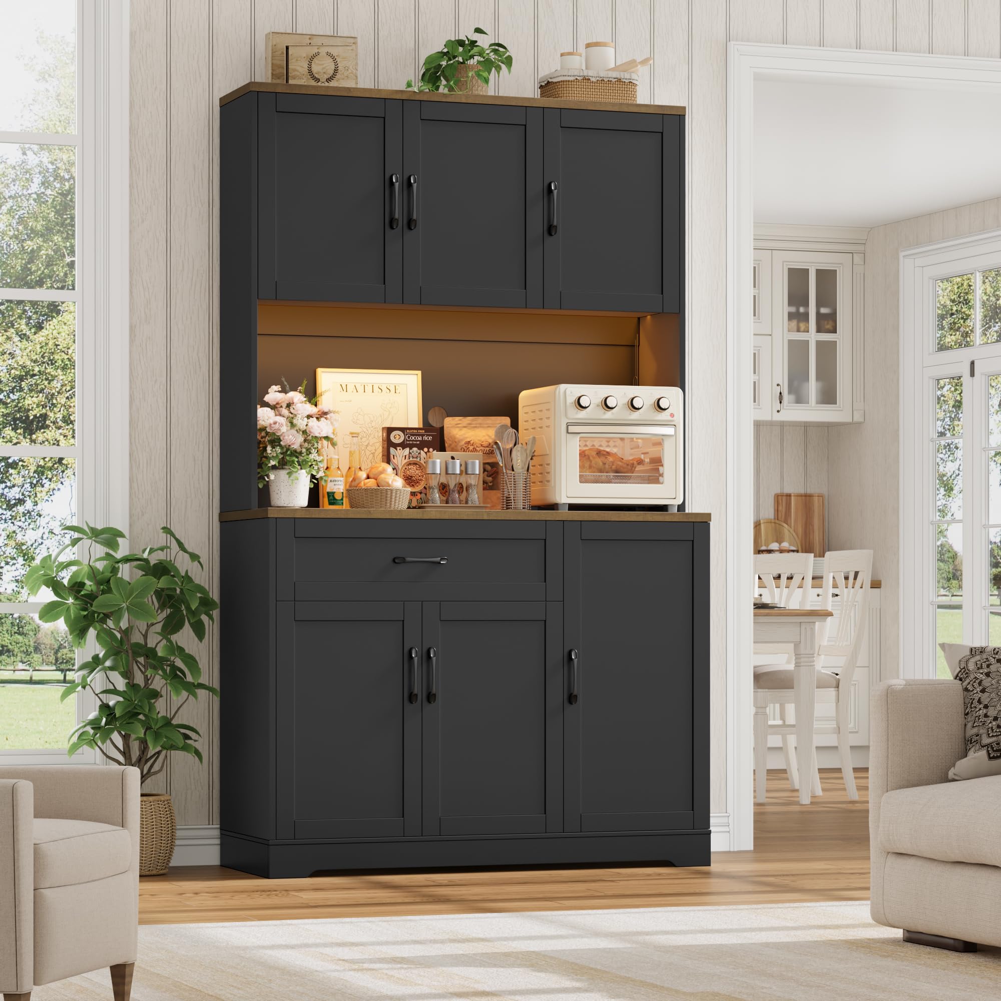 FirFurd Buffet 180cm Meuble Cuisine Rangement avec LED/Multiprises Noir | 180.5x100x38.6cm, Vaisselier meuble de cuisine avec étagère à épices et réglables, grand tiroir, Pour salle à manger, salon