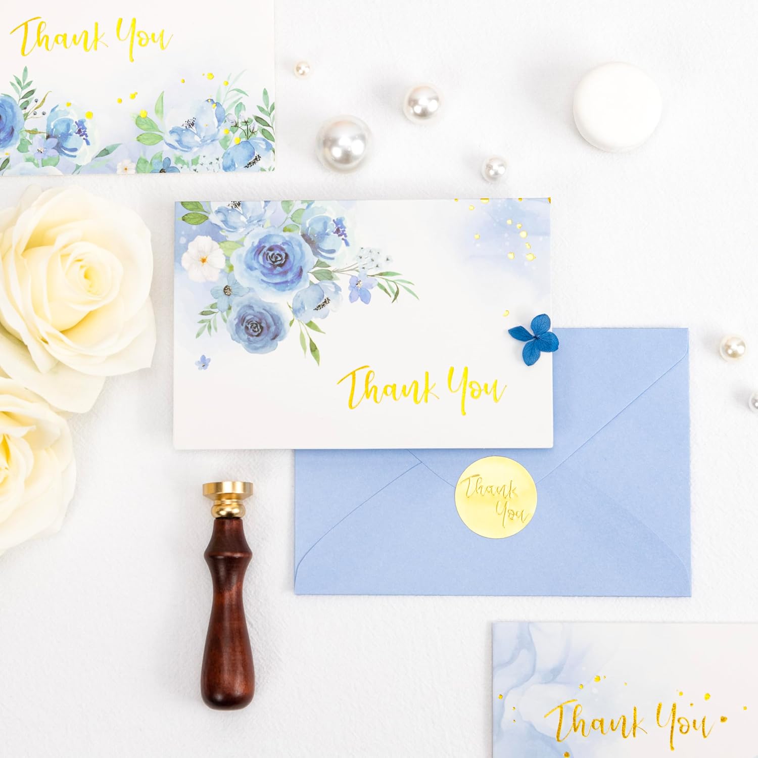 Crisky 4 Assorted Blue Gold Watercolor Floral Thank You Cards with Envelopes (25 Pack) with White Craft Envelopes & Stickers for Birthday, Baby Shower,Bridal Shower, Wedding, Graduation - Image 4