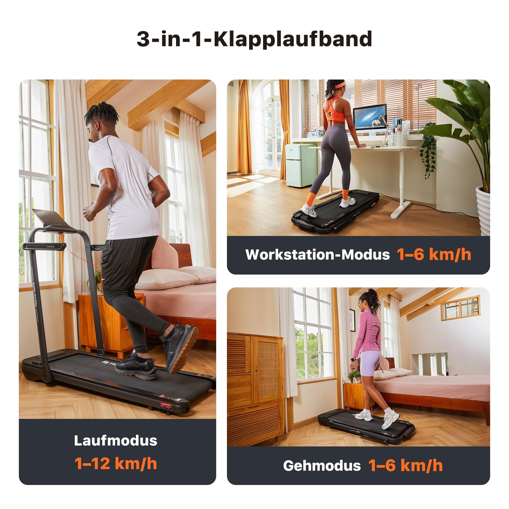 Mobvoi Home Laufband SE, Intelligente KI 3-in-1-Klapplaufband, elektrisches Laufband, 2,5 PS, kompakt tragbar unter dem Schreibtisch, 12 km/h, Fernbedienung, platzsparend, TicSports APP, 120 kg