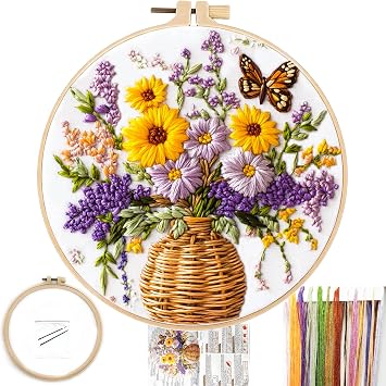 FONNUY Bouquet Flowers Embroidery Kit, Pre-Stamped Colorful Floral Patterns Kits for Adults and Beginners, Handmade Crafts Set, Color Thread Needlework, 8 Hoop Nectar-Sipping Butterfly