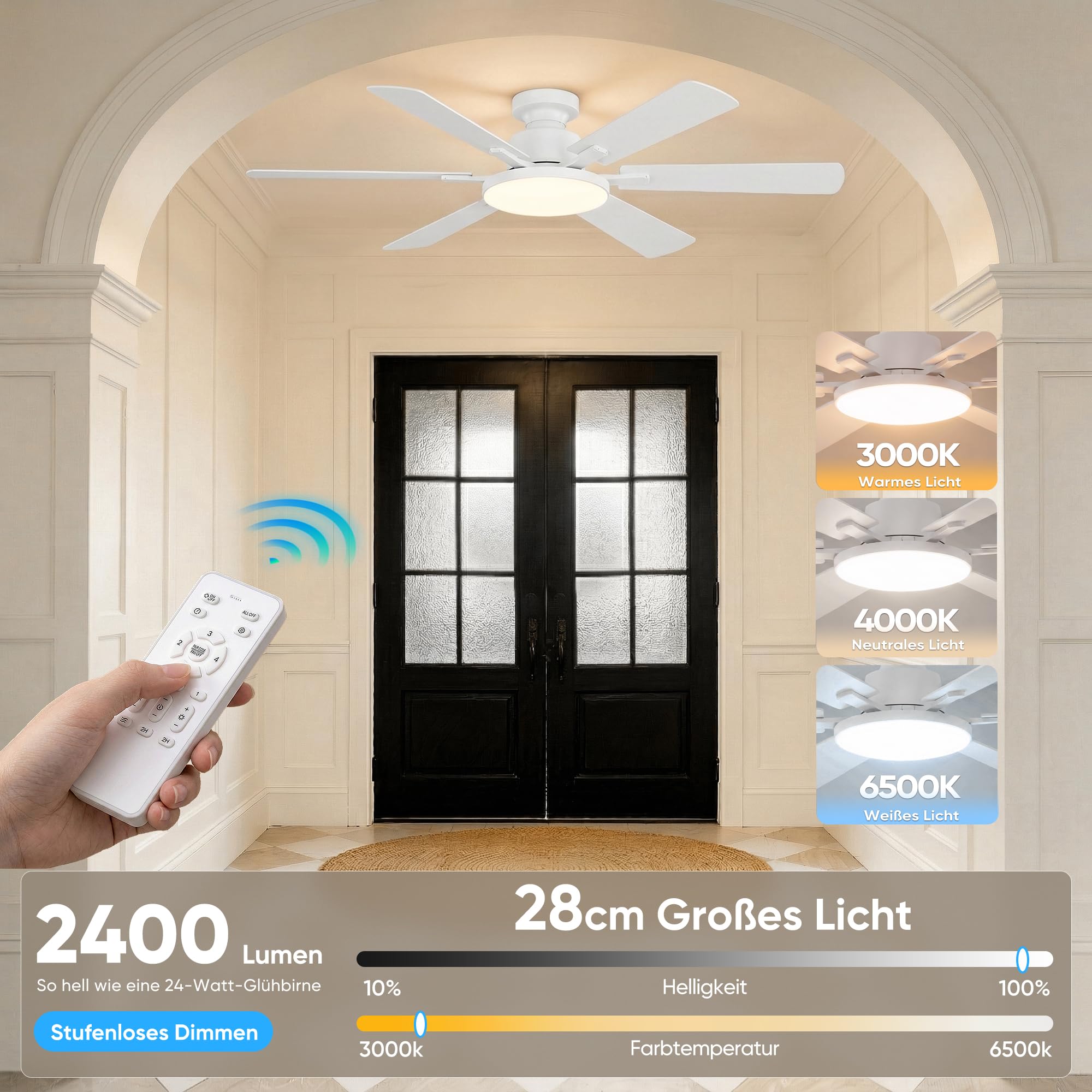 Deckenventilator mit Beleuchtung 132cm 6 Blätter Deckenventilator mit Fernbedienung 6 Gänge Ultraleiser Reversibler Gleichstrommotor 3CCT Dimmbare LED Doppelseitige Flügeln für Schlafzimmer (Weiß)