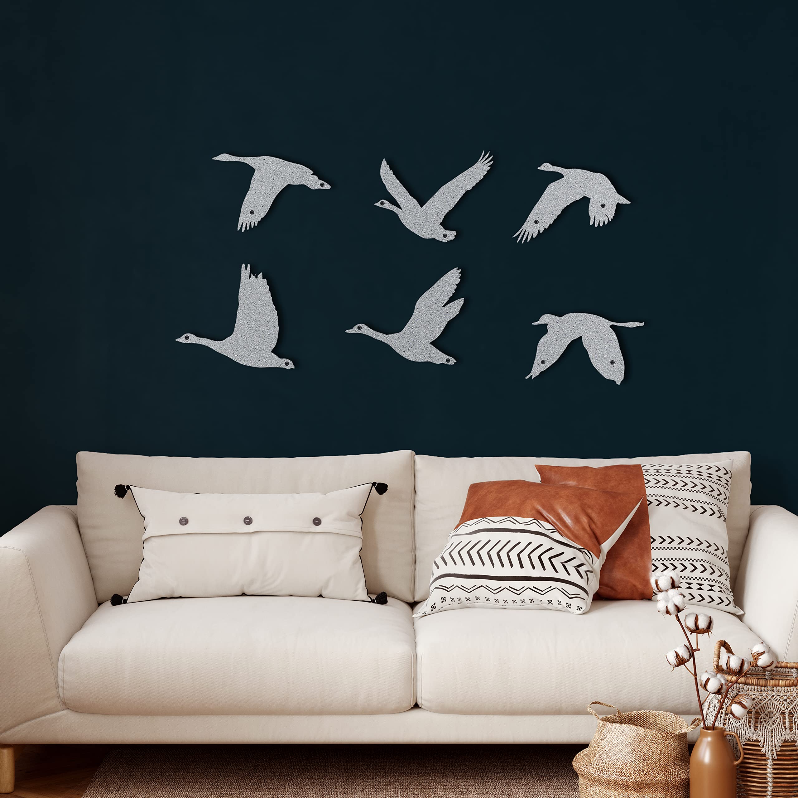 Decorazione da parete in metallo, con oche volanti, decorazione per la casa, soggiorno, decorazione da parete, decorazione per interni, interni ed esterni, argento (confezione da 9)