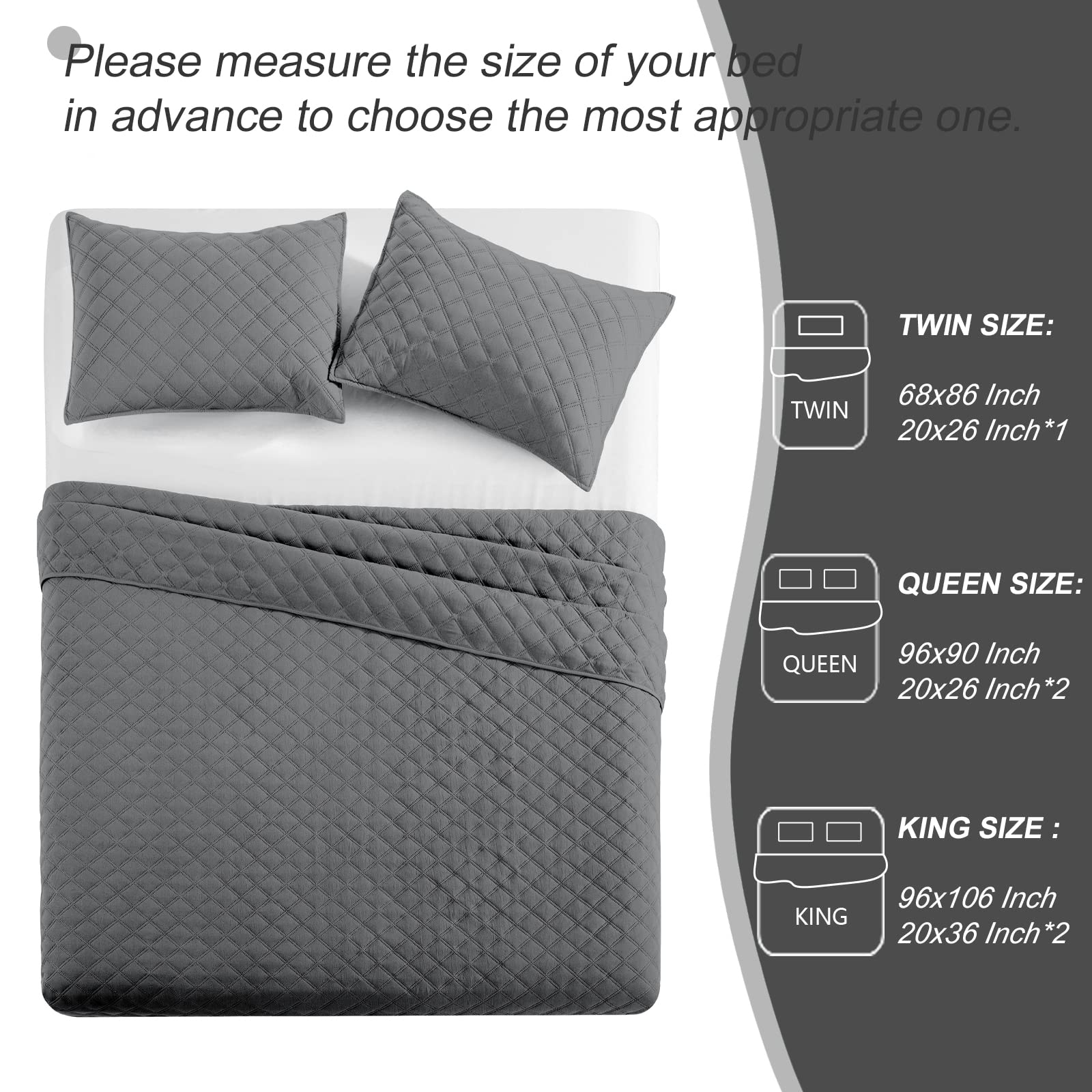 Exclusivo Mezcla Quilt Set Queen Full Size, Soft Gray Quilts Coverlets for All Seasons, Lightweight Modern Bedspreads Bedding Set with Pillow Shams, Grid Pattern