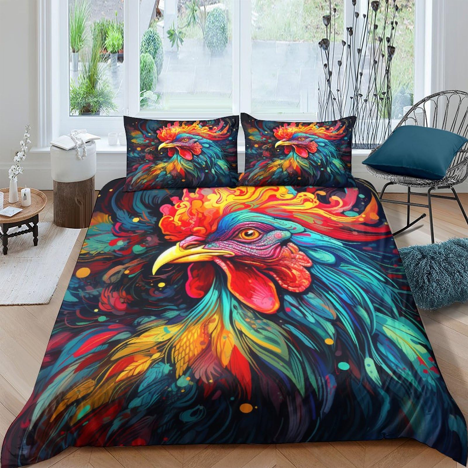 Housse de couette poulet 3D King 220x240 en microfibre avec taies d'oreiller