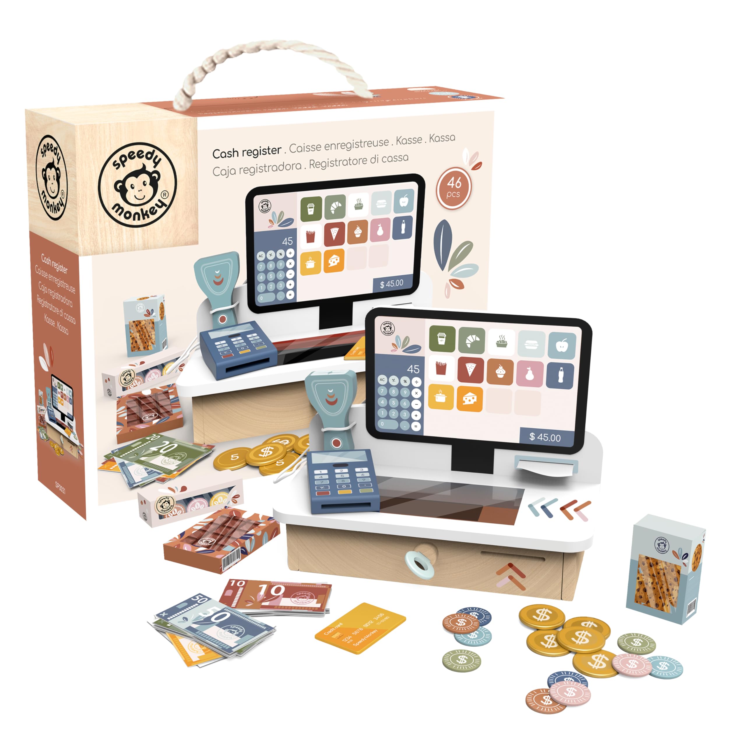 SPEEDY MONKEY Wooden Cash Register for Toddlers 36m+ | Pretend Play Shopping Set with Coins, Card & Notes | Imaginative Roleplay Grocery Store Playset for Kids | Money Counting & Early Learning Toy — image 1