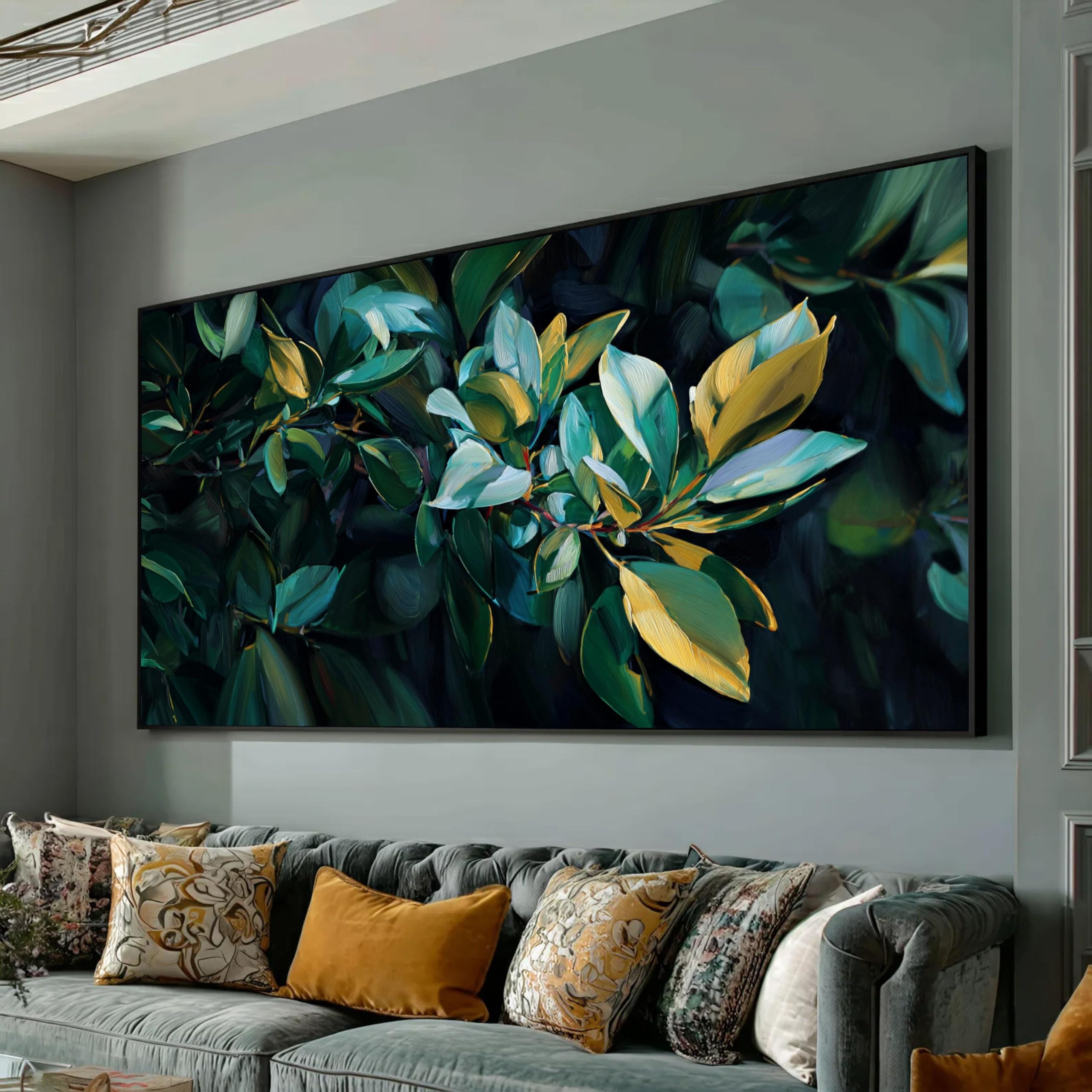 LMYCHENG Green and Yellow Leaves Canvas Prints, Botanical Wall Art, Tropical Foliage Painting Nature Home Decor(50x90cm/Frameless)