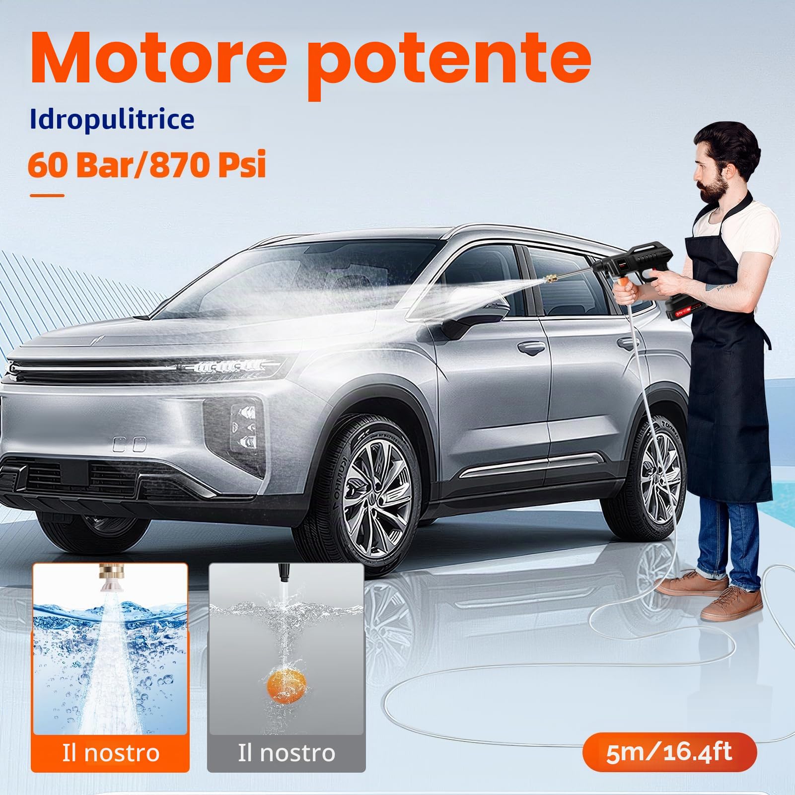 Idropulitrice portatile ad alta pressione a batteria, 21V, senza fili, per auto a mano con 2 ugelli, pulitore potente per irrigazione, pulizia, lavaggio auto, 2 batterie, 60 bar