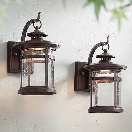 Franklin Iron Works Callaway - Juego de 2 lámparas de pared industriales rústicas para exteriores, marco de farol LED de metal de bronce, vidrio