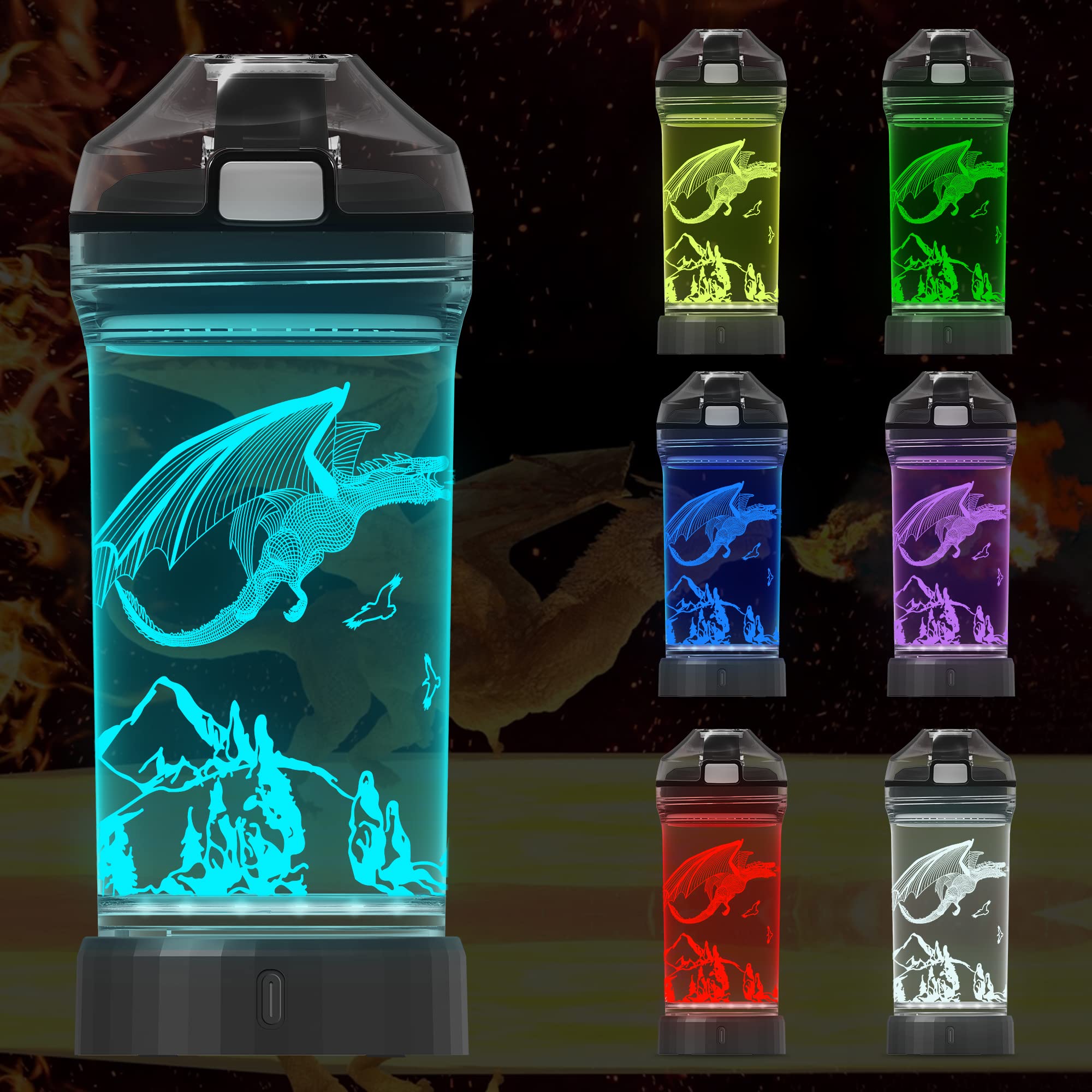 Attivolife Dragon Watter Bottle, 3D Illusion Glowing LED Light with 7 Color Changing Lights - 14 0z BPA Free - Creative Ideal Travel Cup Dinosaur Gift for School Boy Kid Child Holiday Camping Picnic