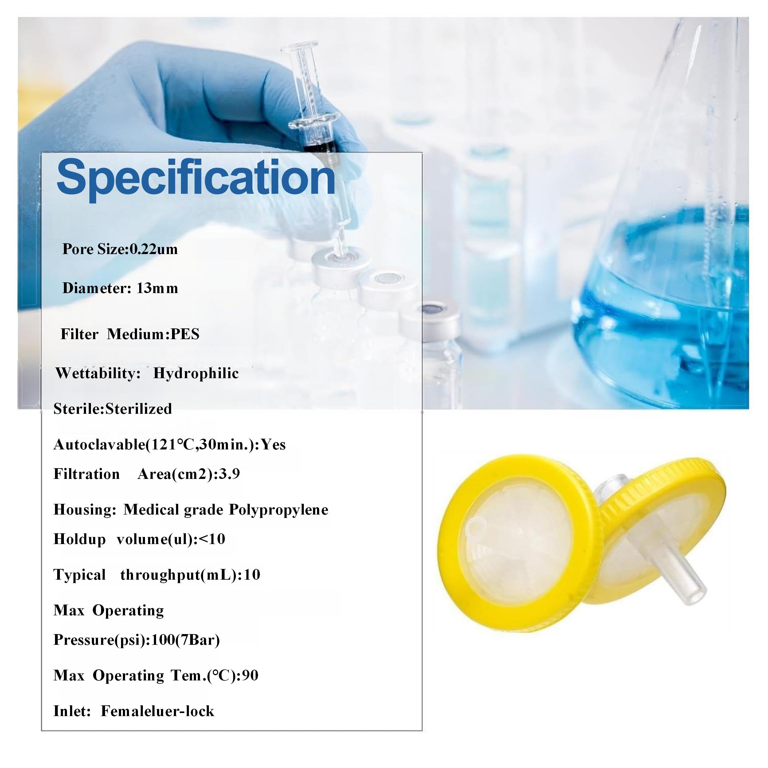 Sterile Syringe Filter PES 100 Pack, 0.22um Pore Size, 13mm Membrane Diameter, Hydrophilic Filtration High Throughput Sterile Packed Individually — Amazon image 2