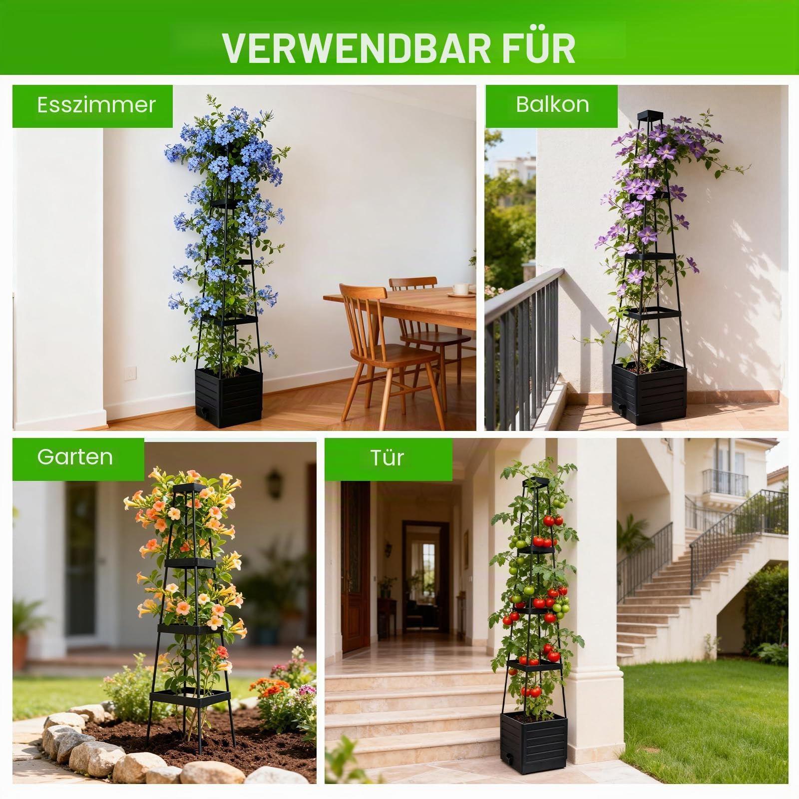 Erhöhte Pflanzkasten & Tomatenkäfig mit Rankgitter, selbstbewässernd, Tomatenstützen für kletternde Gemüsepflanzen – Geeignet für Terrassen, Gewächshäuser, Innen- & Außenbereich (2 Stück)