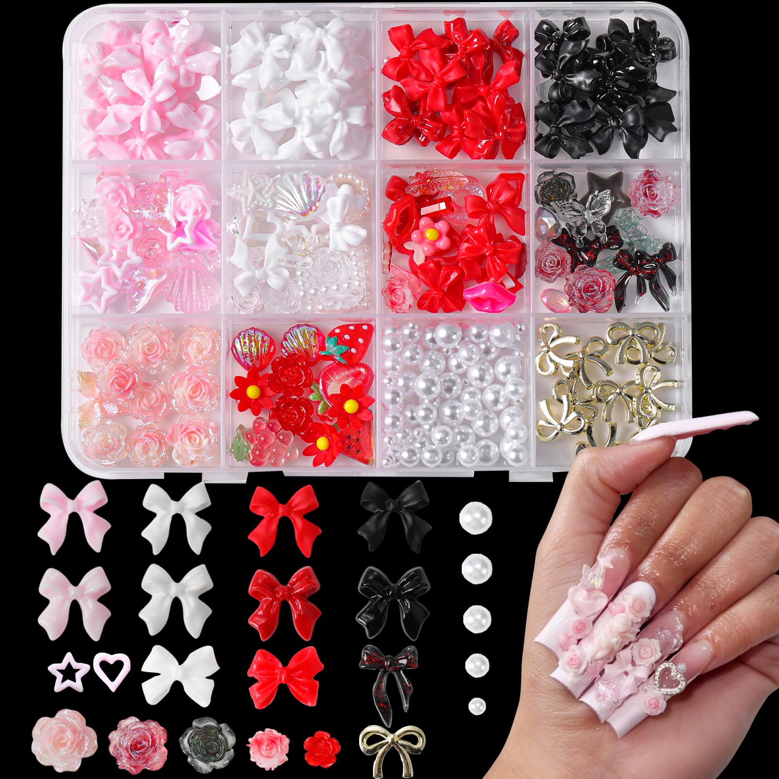 3D Nail Charms and Gems with Bows, Hearts, Rose, Flowers, Pearls, Rhinestones for Nails Design, Cute Y2K 3D Nail Decorations