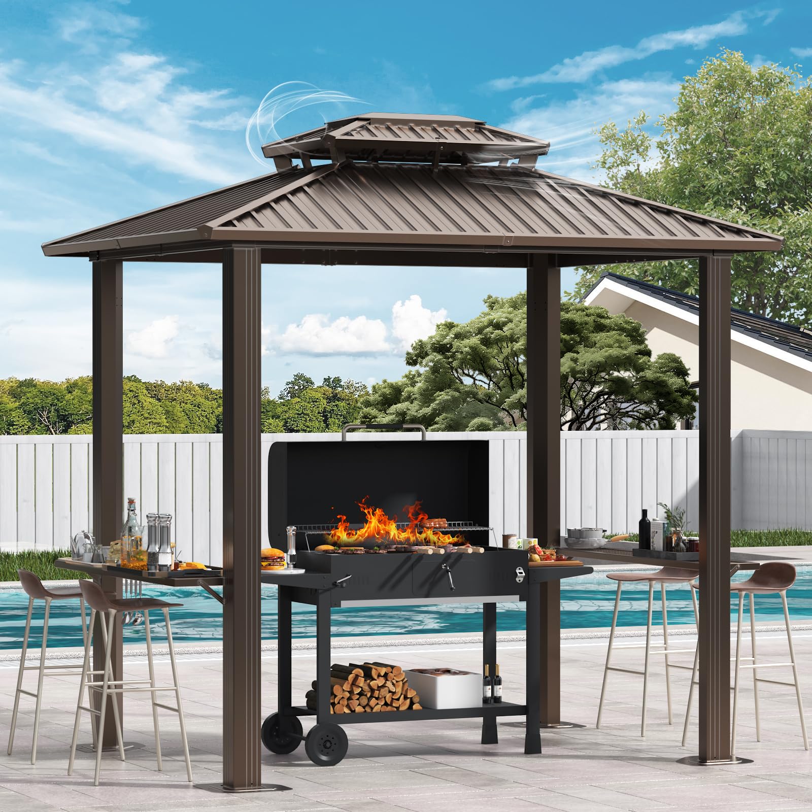 Hoteel Grill Gazebo 6x8FT Hartop Gazebo, Barbecue Gazebo with Galvanized Steel Double Roof, Outdoor Patio Aluminum Frame, 2 Side Shelves for Deck Lawn Backyard Garden and Party,Brown