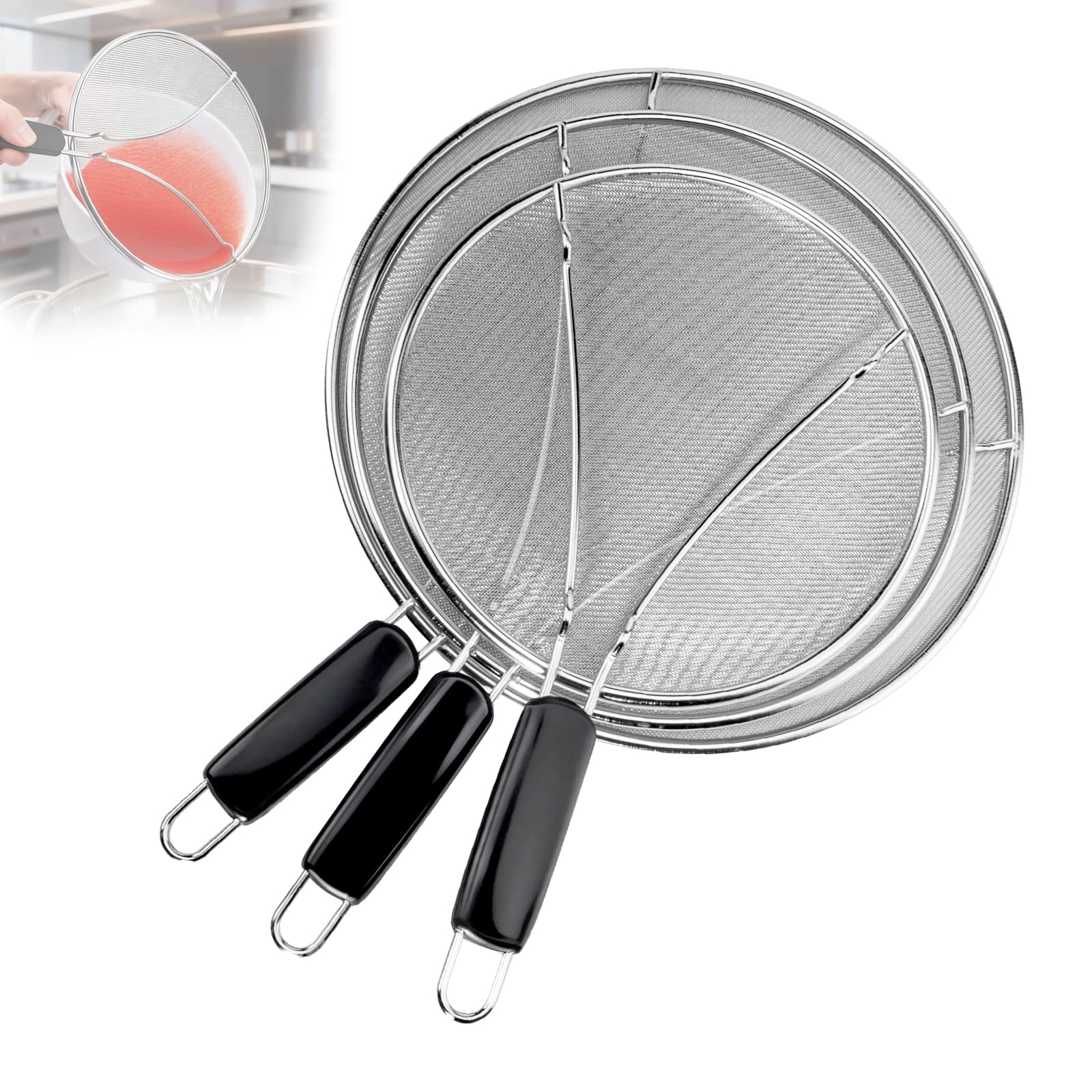 13/12/10 Inch Perforated Splatter Guard Set – Food-Grade Stainless Steel Cooking Screen with Comfortable Grip | Stops Oil Splashing