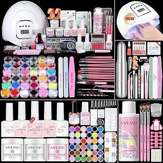 Acrylic Nail Kit for Beginners: Keratin Acrylic Powder Castor Oil Vitamin E Gel Nail Polish Primer 180W Nail Lamp Nail Drill Full Tools Everything Home Starters
