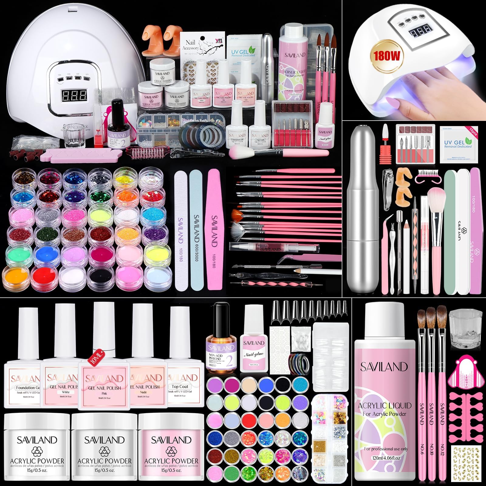 Acrylic Nail Kit for Beginners: Keratin Acrylic Powder Castor Oil Vitamin E Gel Nail Polish Primer 180W Nail Lamp Nail Drill Full Tools Everything Home Starters