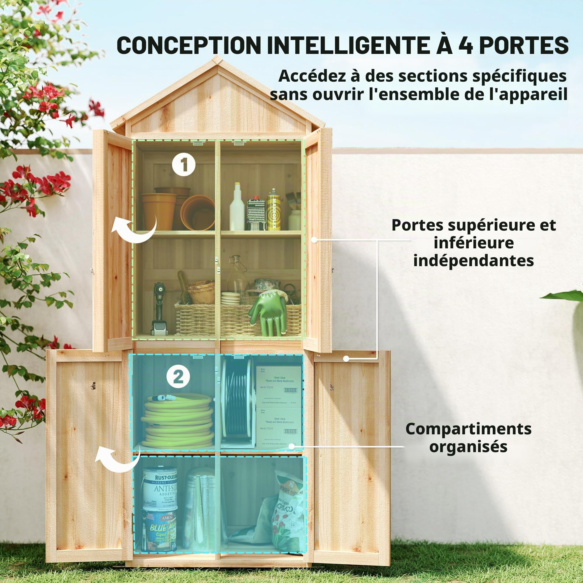 Outsunny Armoire de Jardin en Bois avec 4 Portes et 190cm Bois Naturel