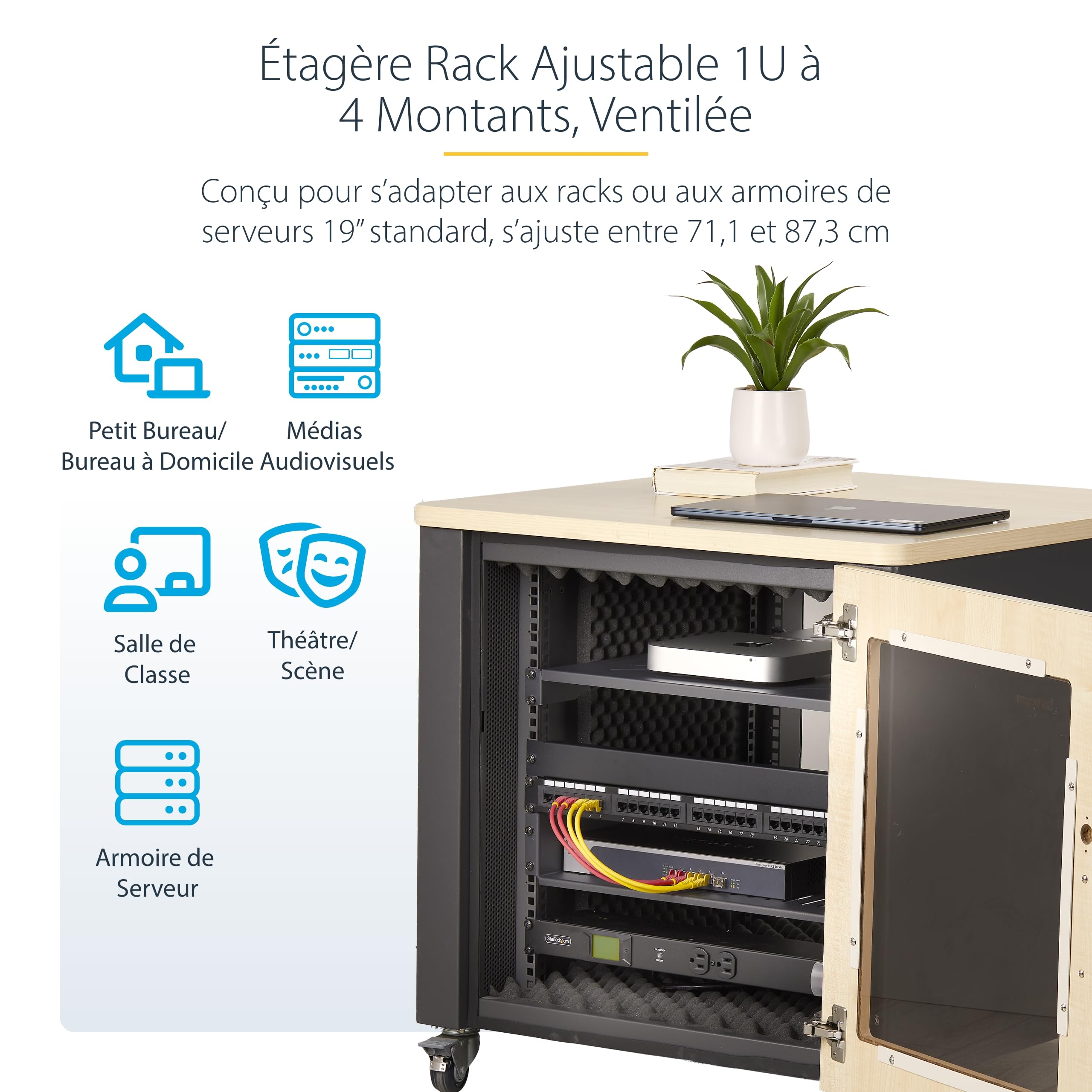 StarTech Étagère Ventilée 1U à 4 Montants pour Rack, 68kg (ADJSHELFV-Rack) | Profondeur réglable 71, 1-87, 3cm, Écrous et vis inclus, Serveur