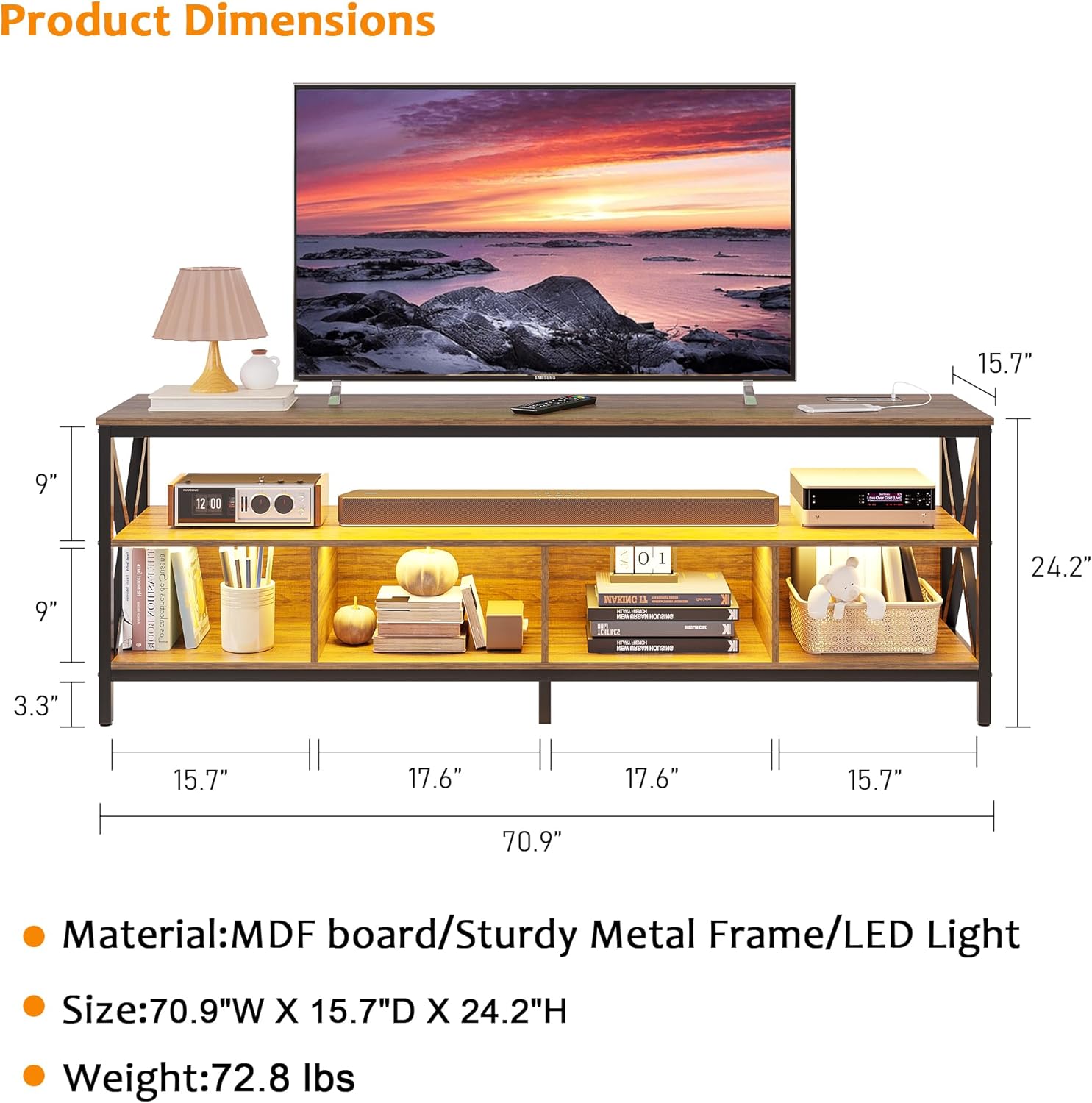 Diagram showing the dimensions of the TV stand: 70.9 inches wide, 15.7 inches deep, and 24.2 inches high.