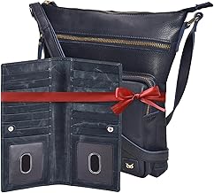 Wise Owl Accessories Real Leather Crossbody Handbag & Purse for Women Bundled with RFID Blocking Long Bifold Card Case Wallet (Navy set of 2)