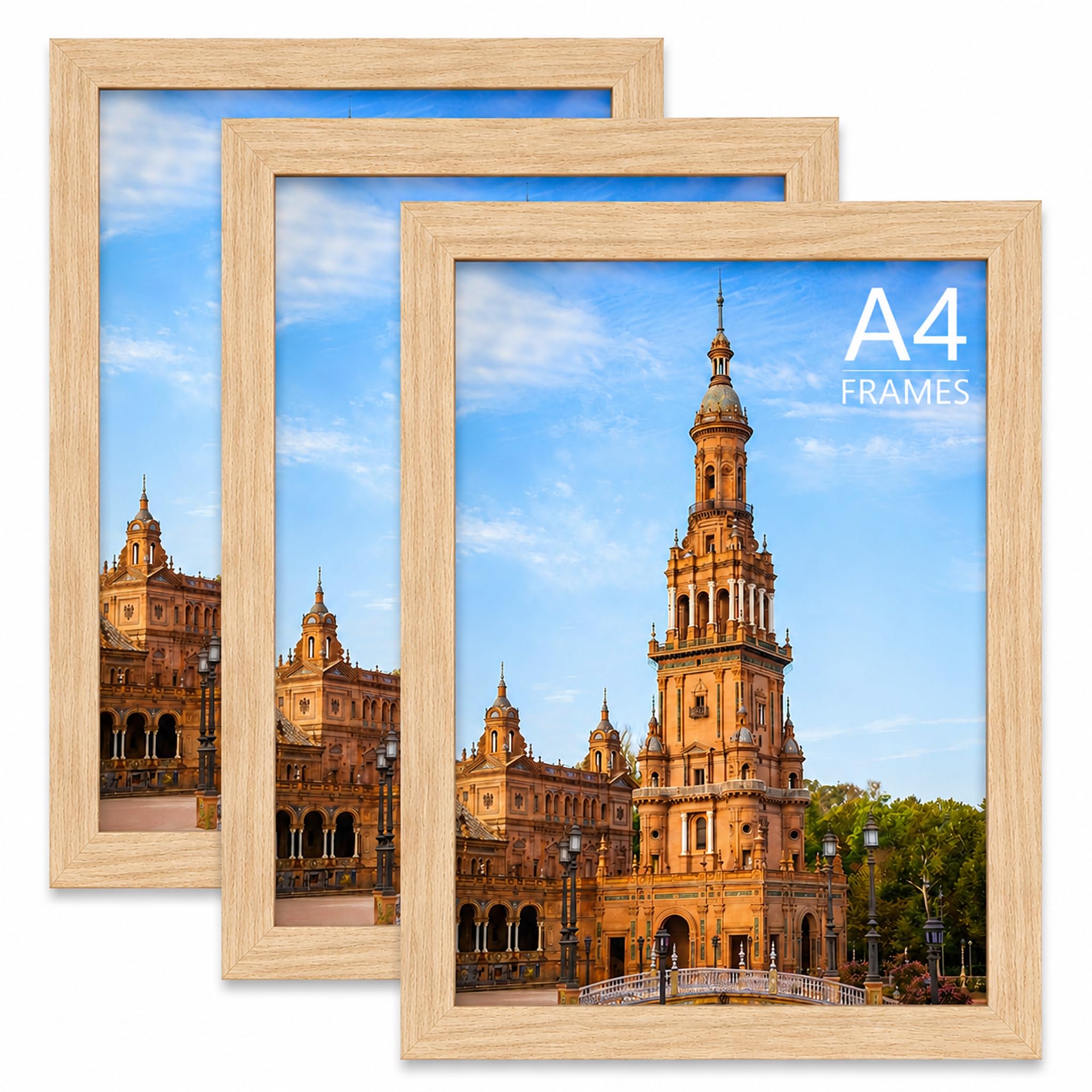 Light Oak A4 Picture Frames Set of 3, Wooden A4 Photo Frame, Natural Woodgrain Finish With Clear Perspex Front & Hanging Hooks - Portrait or Landscape, Wall or Tabletop