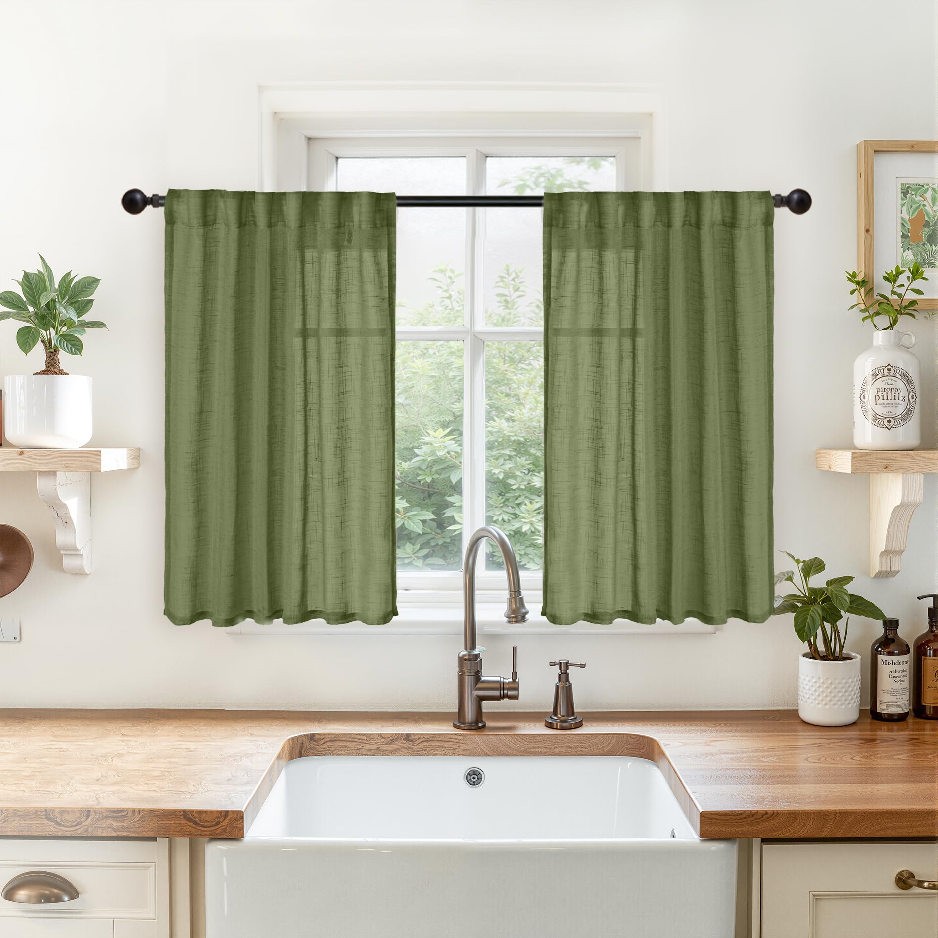 YoungsTex Olive-Green Linen Kitchen Café Curtains