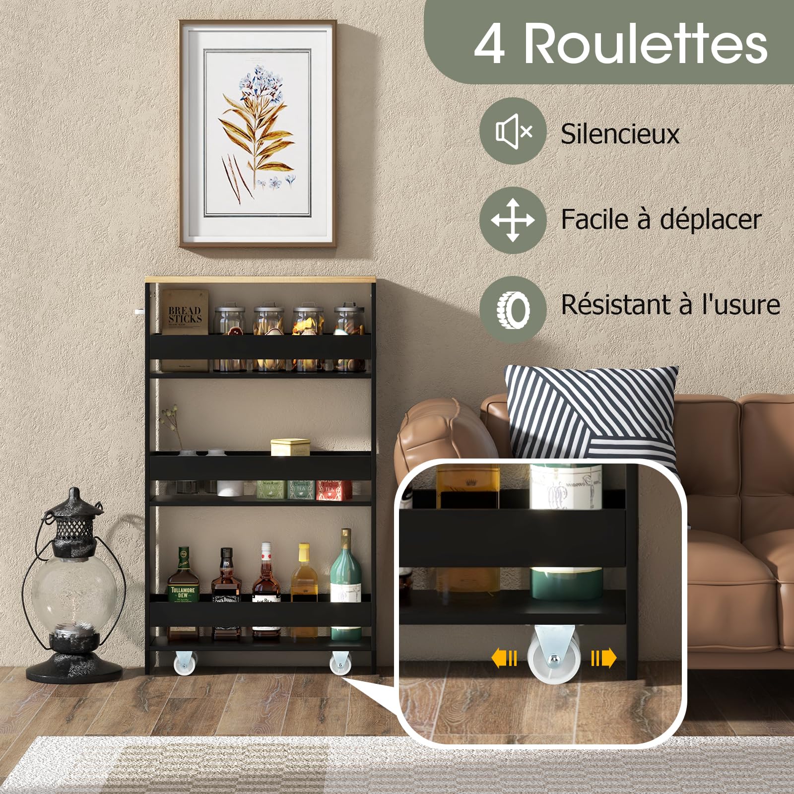 Giantex Chariot de Rangement 13 cm Large, Desserte à roulettes 4 Niveaux avec Poignée, 3 Barres, Meuble Cuisine Etroit, pour Salle de Bain, Salon, 47,5 x 13 x 80,5 cm (Noir+ Naturel)