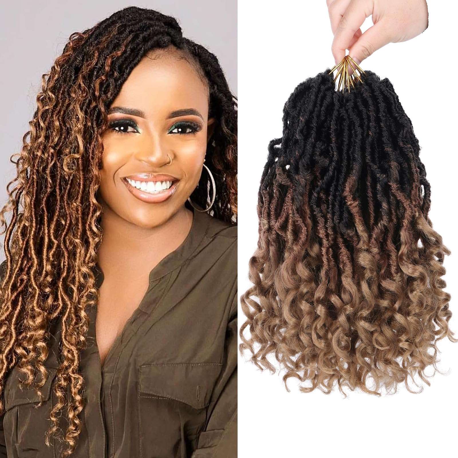 14 Inch New Faux Locs Crochet Hair Soft Locs 7 Packs Pre-looped Goddess Locs Crochet Hair with Wavy Curly Ends Ombre Color Nu Locs Synthetic Braids