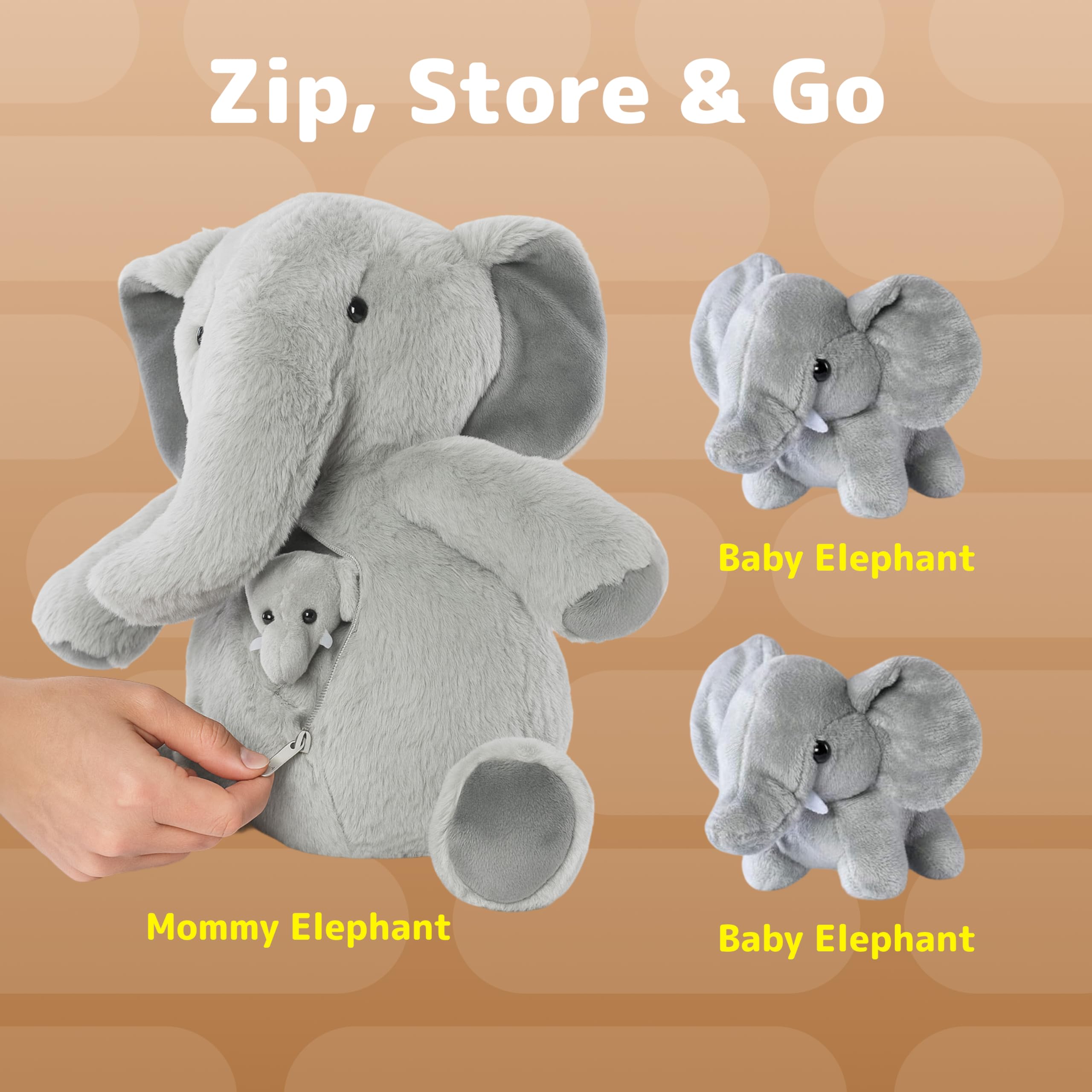 Prextex Carry Along Plüsch-Elefant mit 3 kleinen Plüsch-Elefanten – 4-teiliges Spielset für weiche Stofftiere