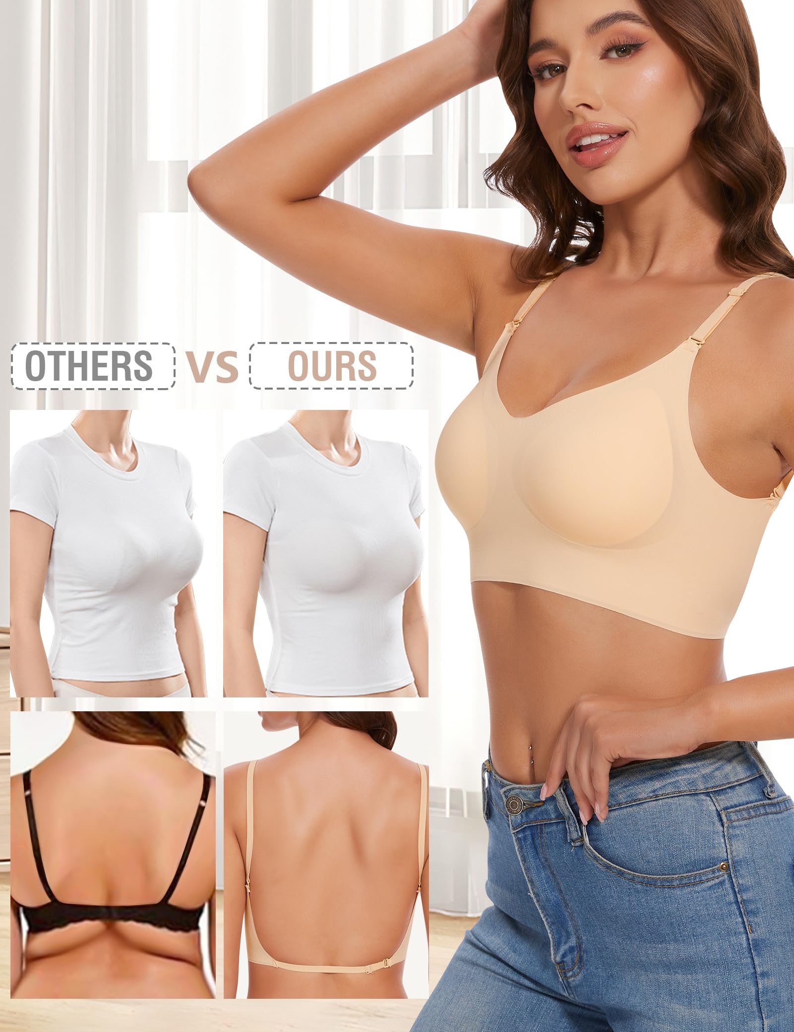 Sujetador Sin Espalda Bajo Mujer Invisible Básico con Tirantes Convertible para Vestido y Boda