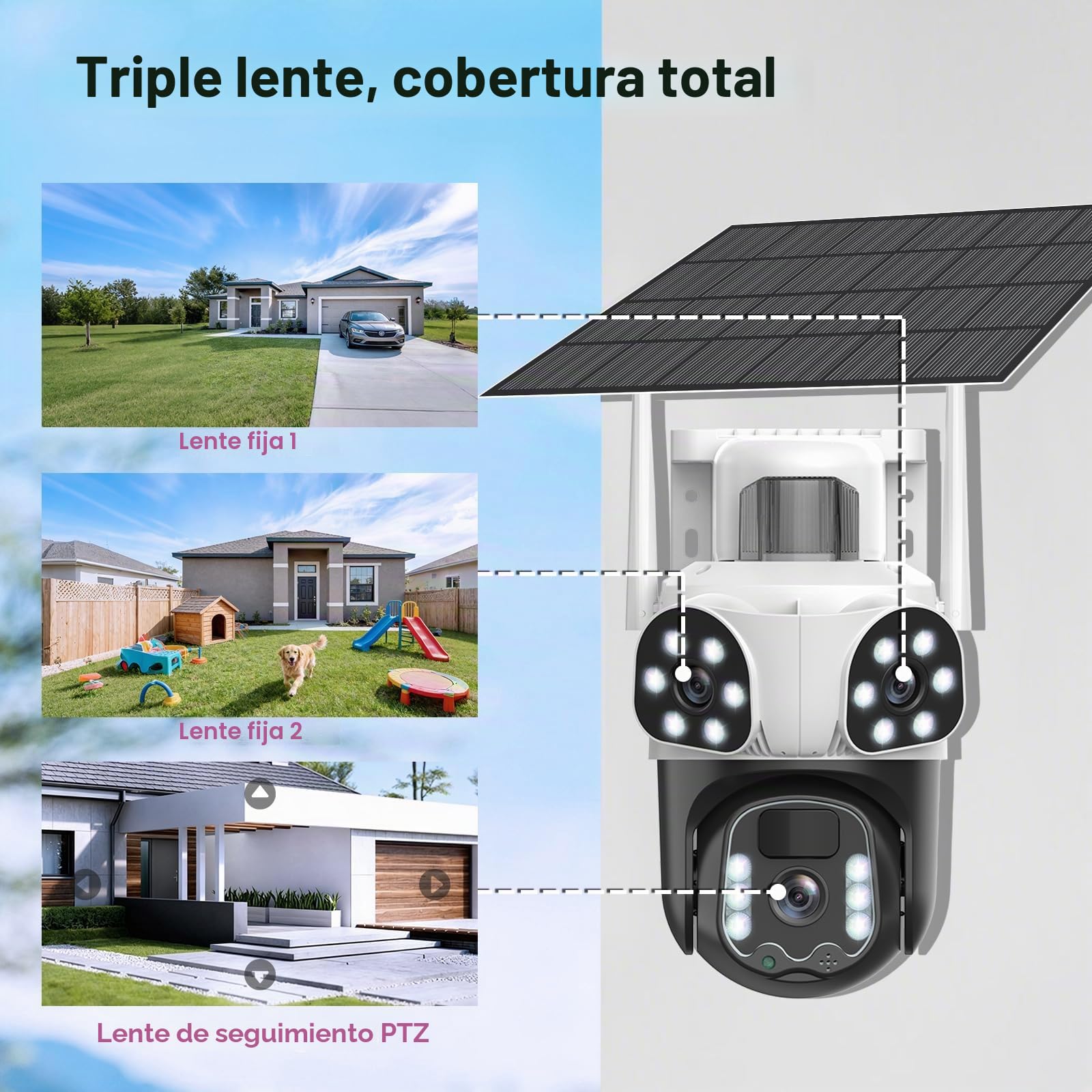 4K Triple Lente Camara Vigilancia WiFi Exterior con Panel Solar, 360°PTZ,Detección Humana PIR,Visión Nocturna en Color, Audio Bidireccional, Seguimiento Automático,Sirena,IP66,2.4G/5GHz,IP66