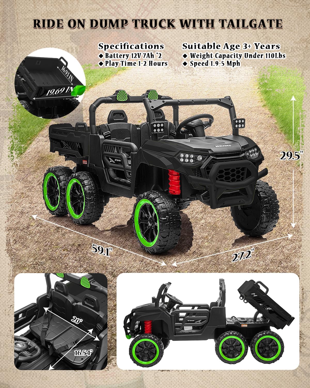 24V Kids Ride on Dump Truck, Two Seater Battery Powered Truck Car w/Electric Dump Bed, Remote Control, Shovel Toy, 4X100W Motor, Music, Wireless, LED Light, Ride on Toys Boys Girls, Black