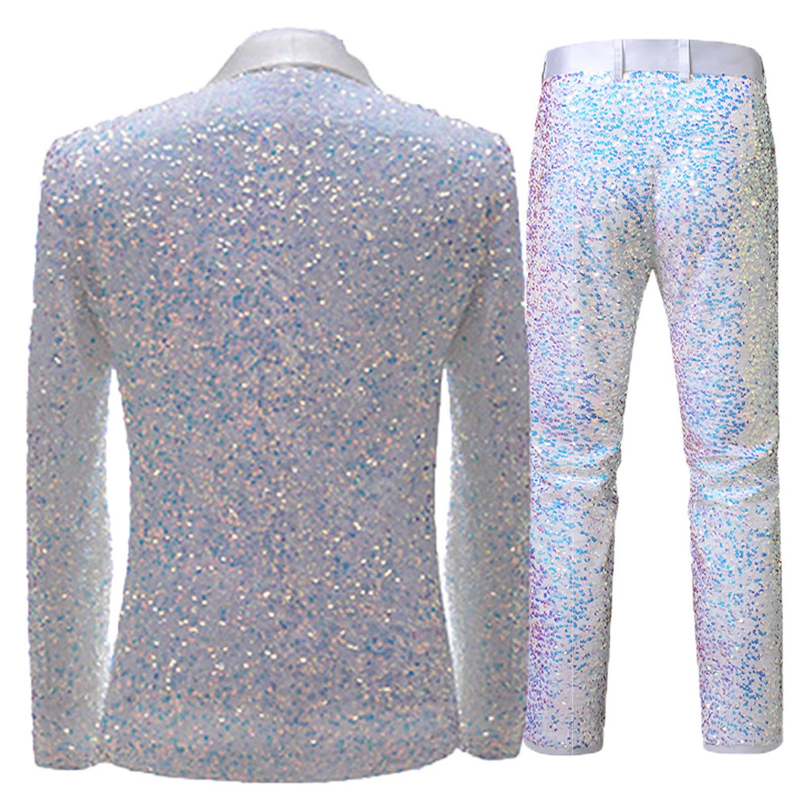 Generisch Tuta da uomo, 2 pezzi, costume da discoteca, carnevale, giacca e pantaloni lucidi, set metallizzati, con brillantini, slim fit, brillante, tuta formale