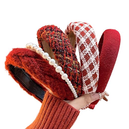 Fashion Headbands Set - 5pcs Red Wide Pearl Rhinestone Padded Hair Accessories for Women, Mothers Day, Valentine's Day, Christmas