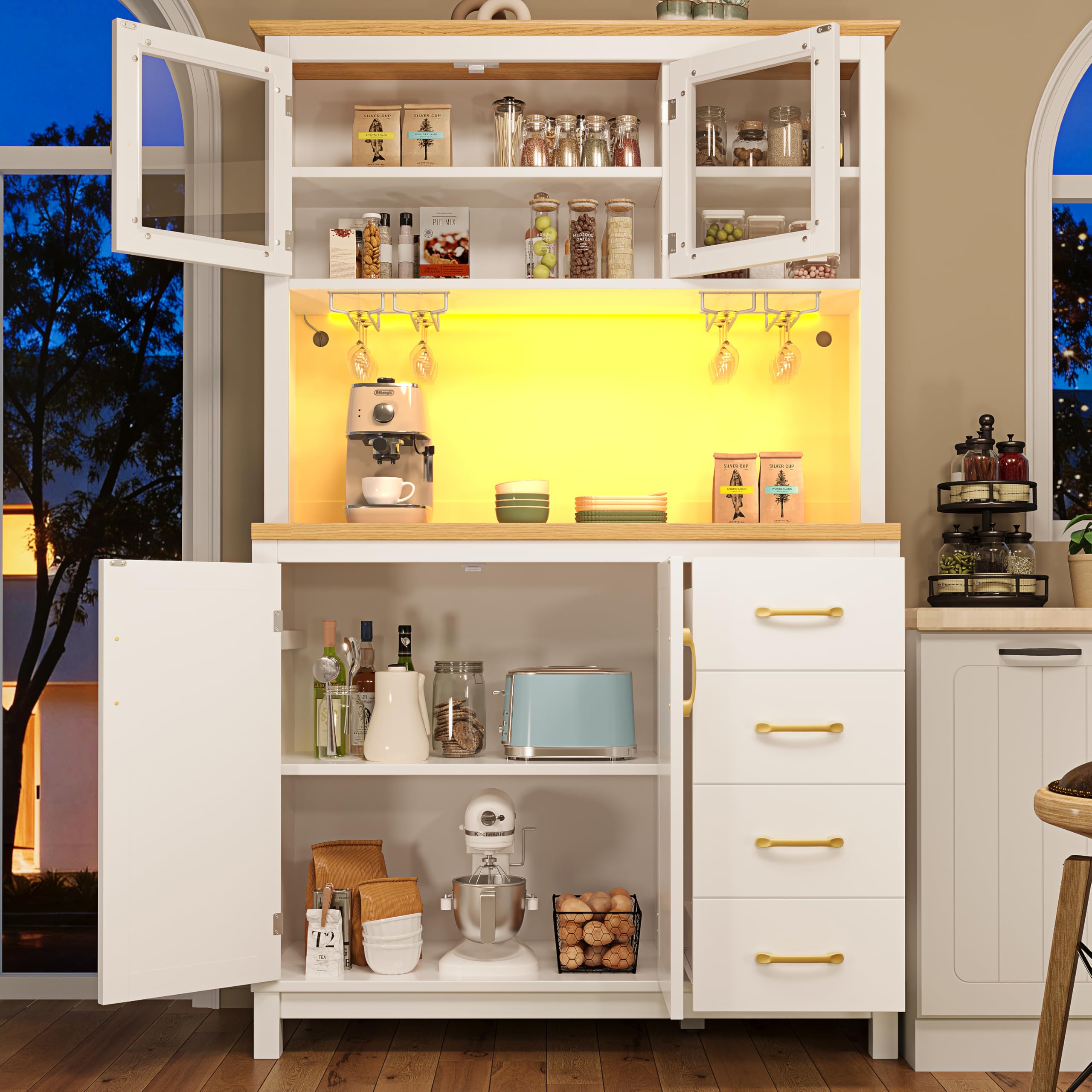 Armadio da cucina con piano di lavoro e illuminazione a LED, armadietto da cucina con scaffale per snack e porta bevande, buffet da cucina con 2 cassetti, 120 x 40 x 188 cm (bianco - A)