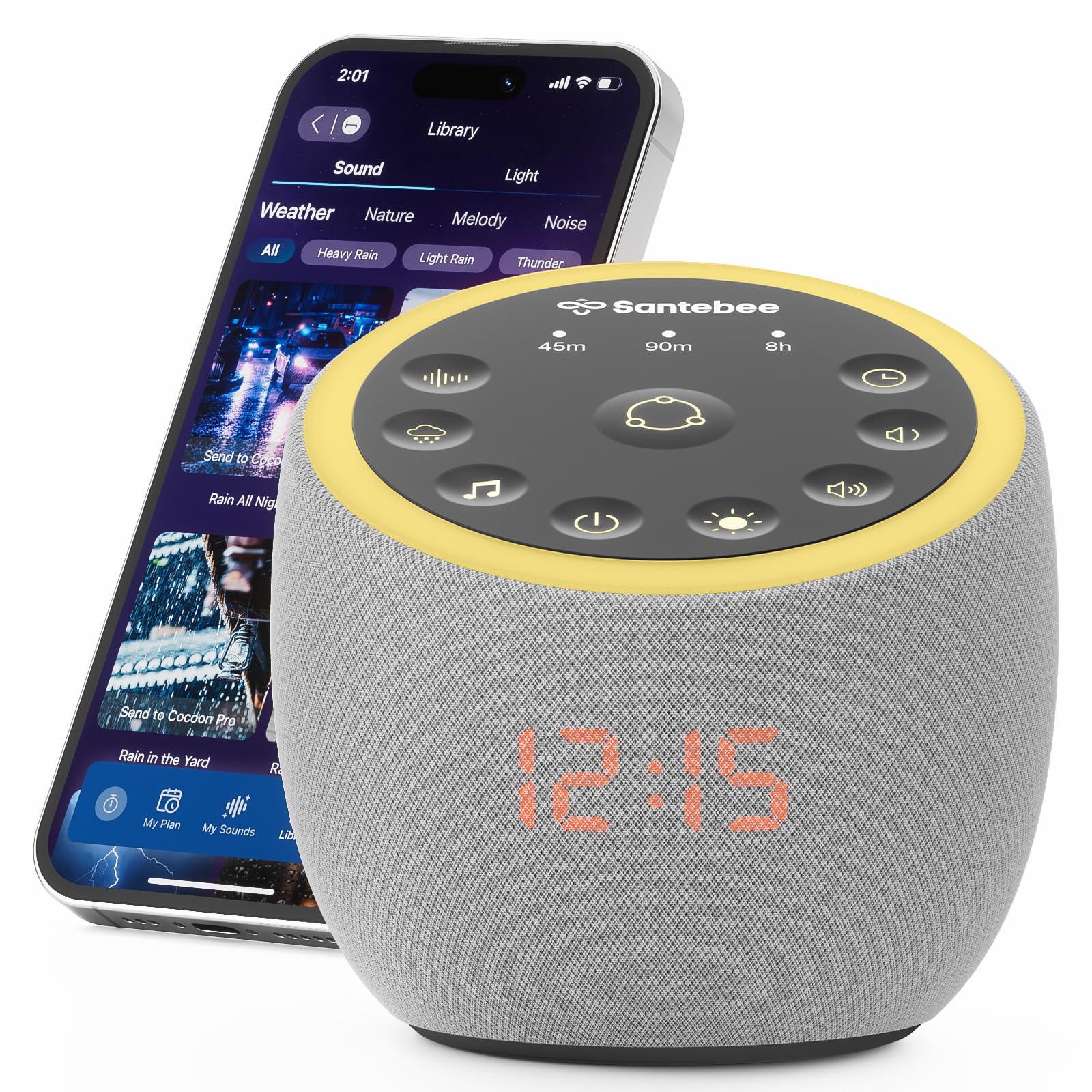 Máquina de sonido de ruido blanco para dormir, 361 sonidos relajantes, control inteligente de aplicación, botones personalizados, sonidos naturales sin bucle, reloj regulable al lado de la cama, luz