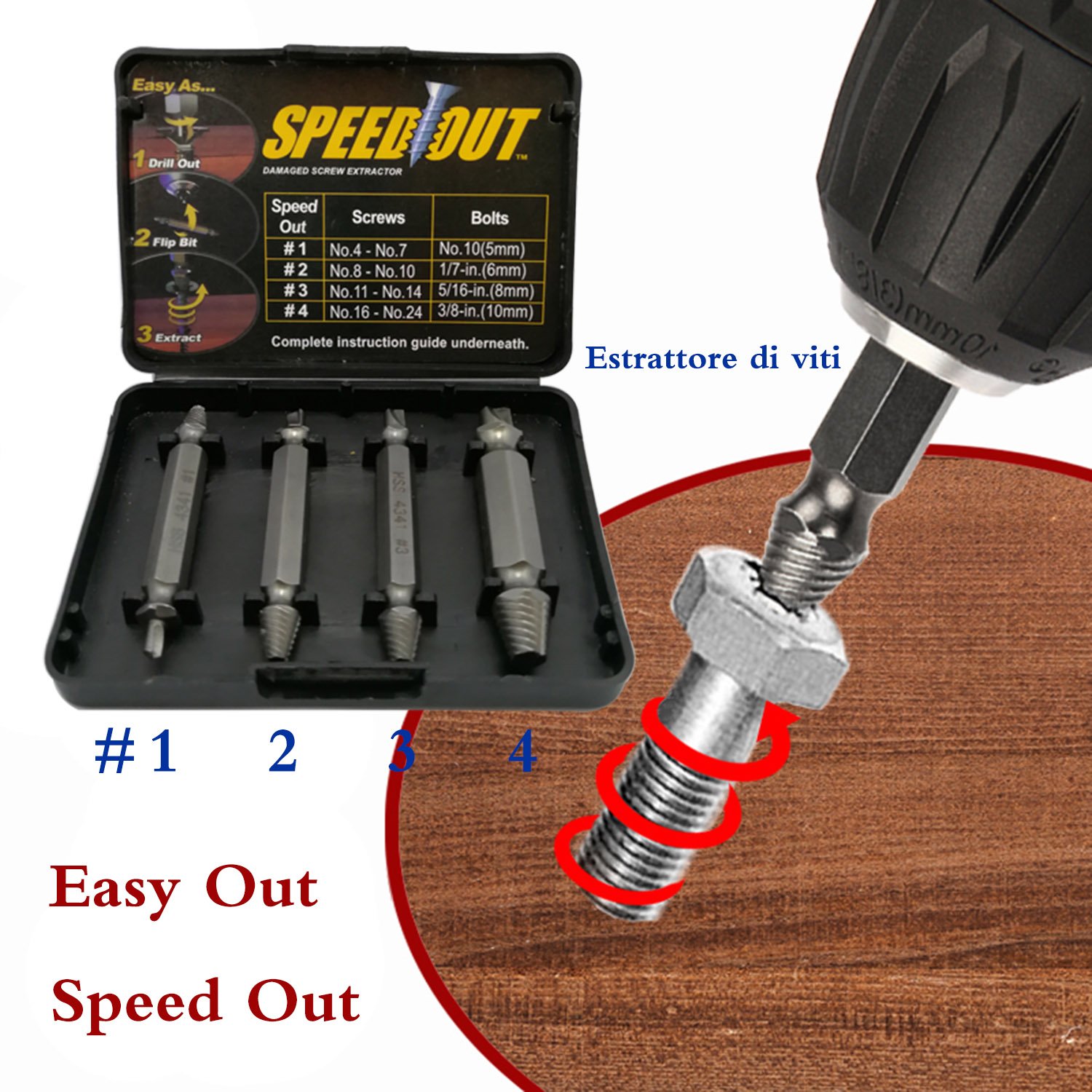 ETUNE Kit 4 in 1 Screw Extractor Damaged Speed Out Easy Out Set for the removal of damaged screws Routes or
