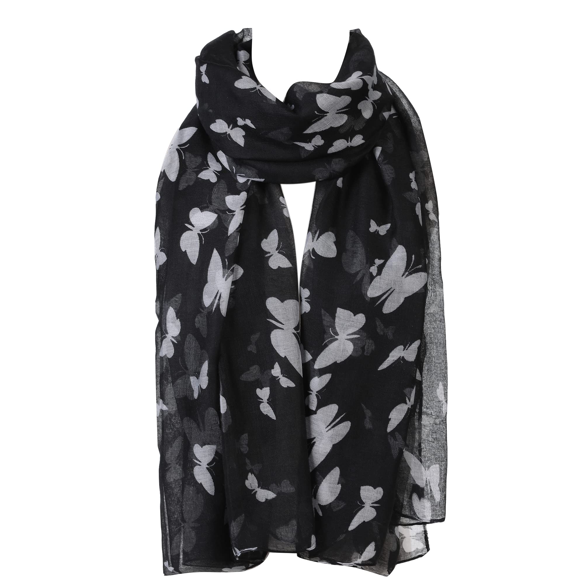 London Scarfs Women's Black S Fashion Butterfly Print Long Scarves Floral Neck Scarf Shawl (Black)