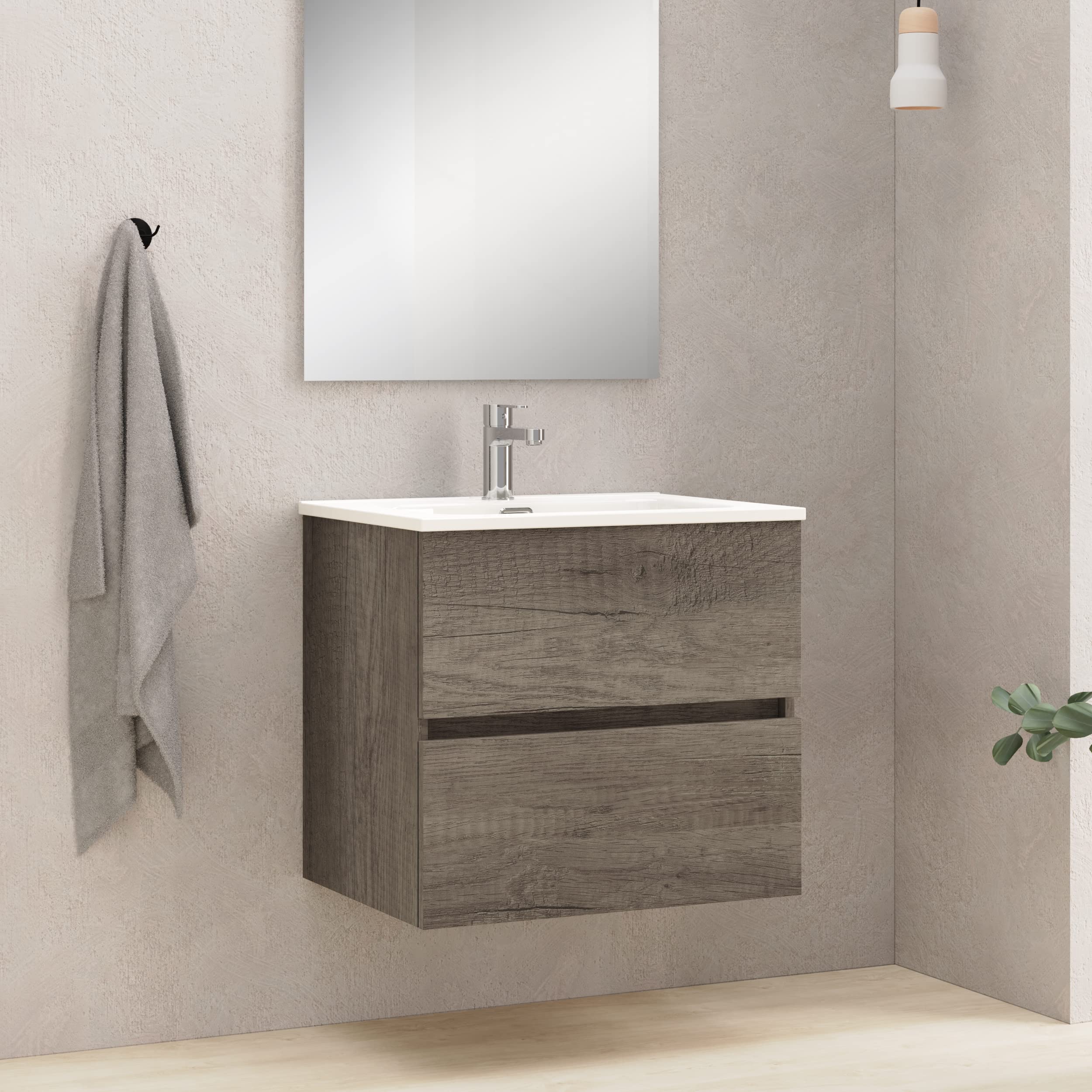 Baikal Mueble de Baño Dos cajones, suspendido a la Pared con Lavabo. Melamina 16. Mueble montado. Mueble de 50cm Nebraska Sin Espejo