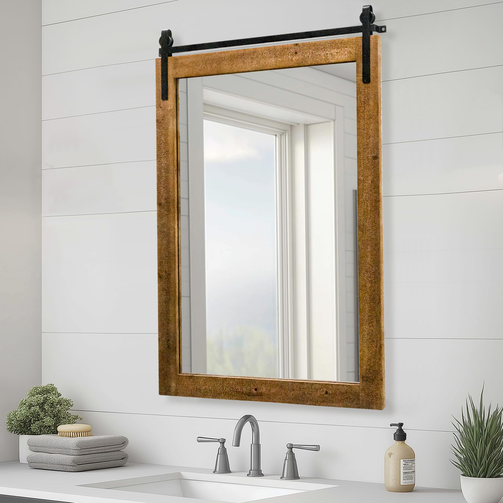 Farmhouse Barn Door Mirror, 25" x 38" Rustic Bathroom Mirror, Wood Framed Wall Mirror, Rectangular Decor Mirror for Living Room, Bedroom, Entryway, Brown