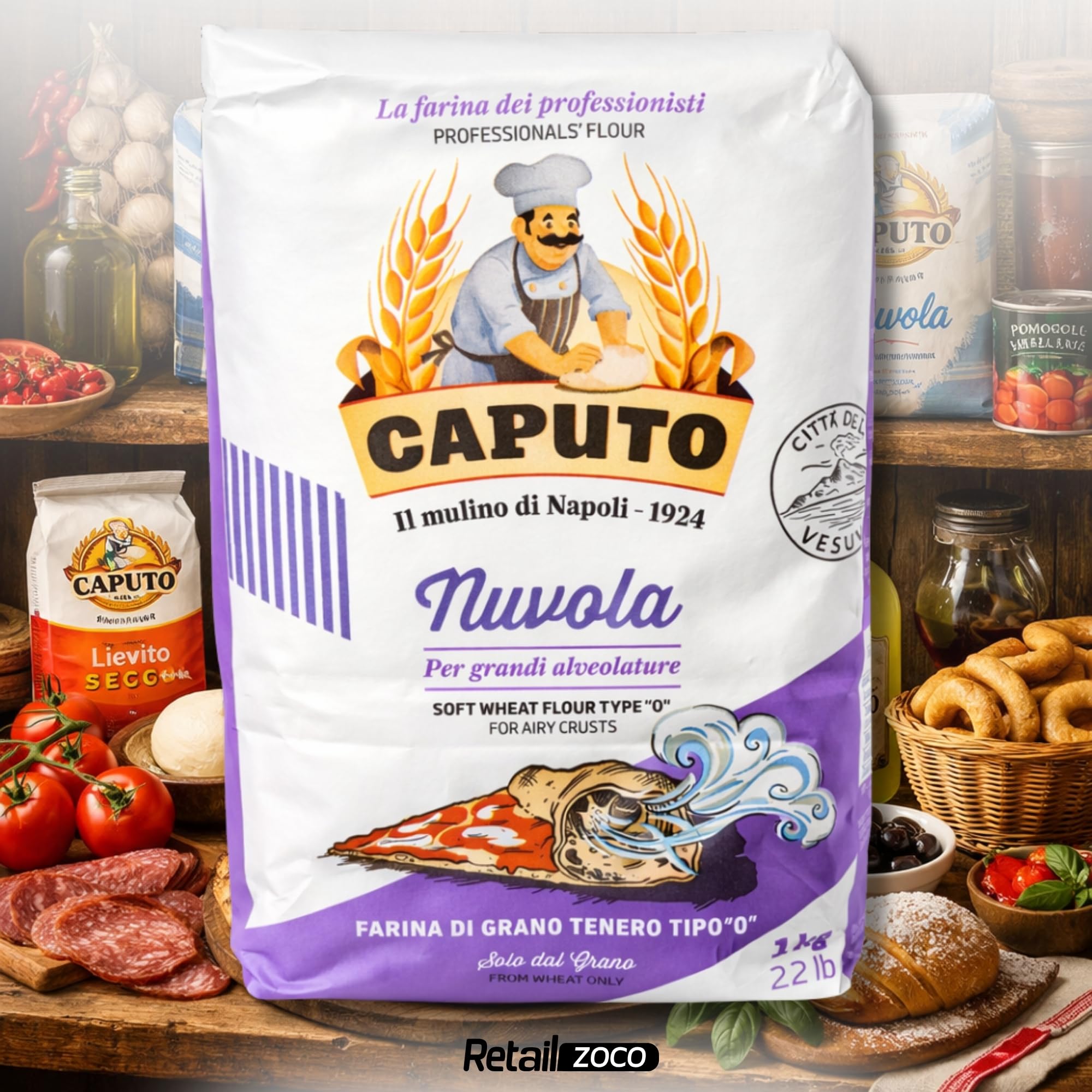 Harina Caputo Nuvola Pizzeria, Origen Italiana, ideal para masas ligeras con grandes cavidades, gran volumen, Recomendado para la clásica pizza napolitana, Tipo Harina 0, Contiene 1 unidad de 1 Kg